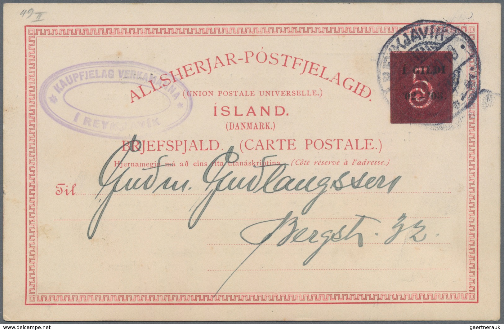 Island - Ganzsachen: 1919, 5 A On 10 A Carmine Overprint Postal Stationery Card With Additional Prin - Postal Stationery