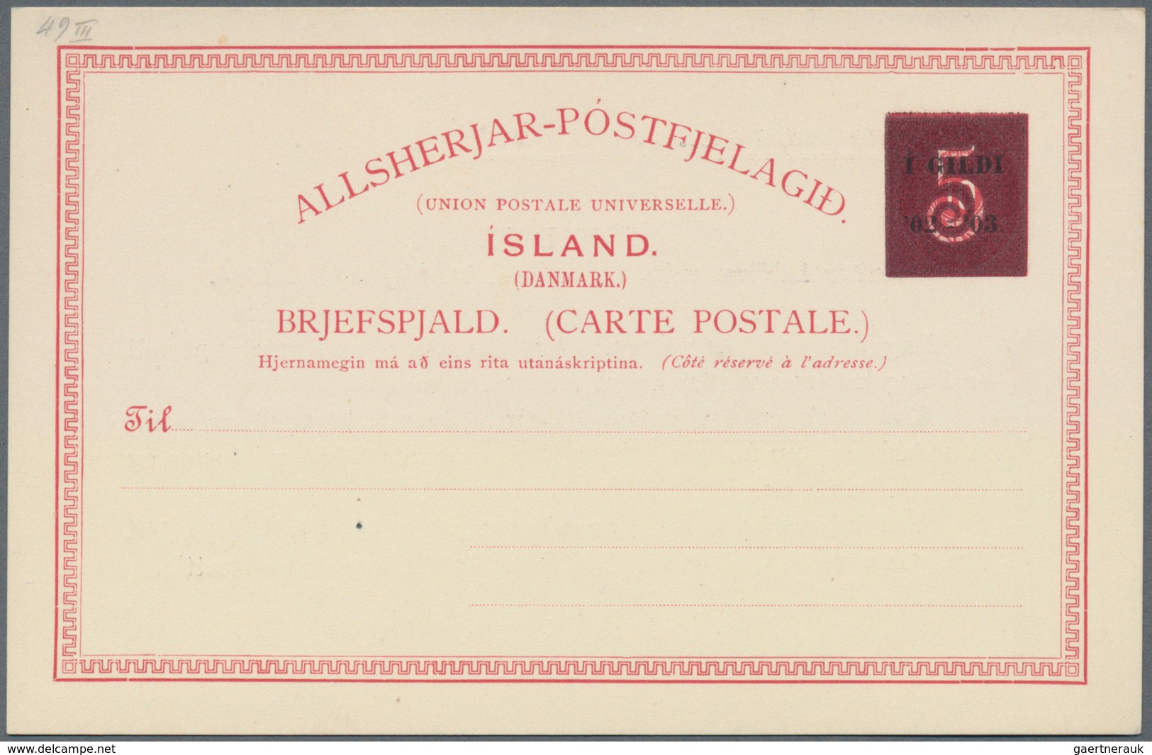 Island - Ganzsachen: 1919, 5 A. On 10 A. Stationery Card Unused With Two Different Types Of Overprin - Postal Stationery