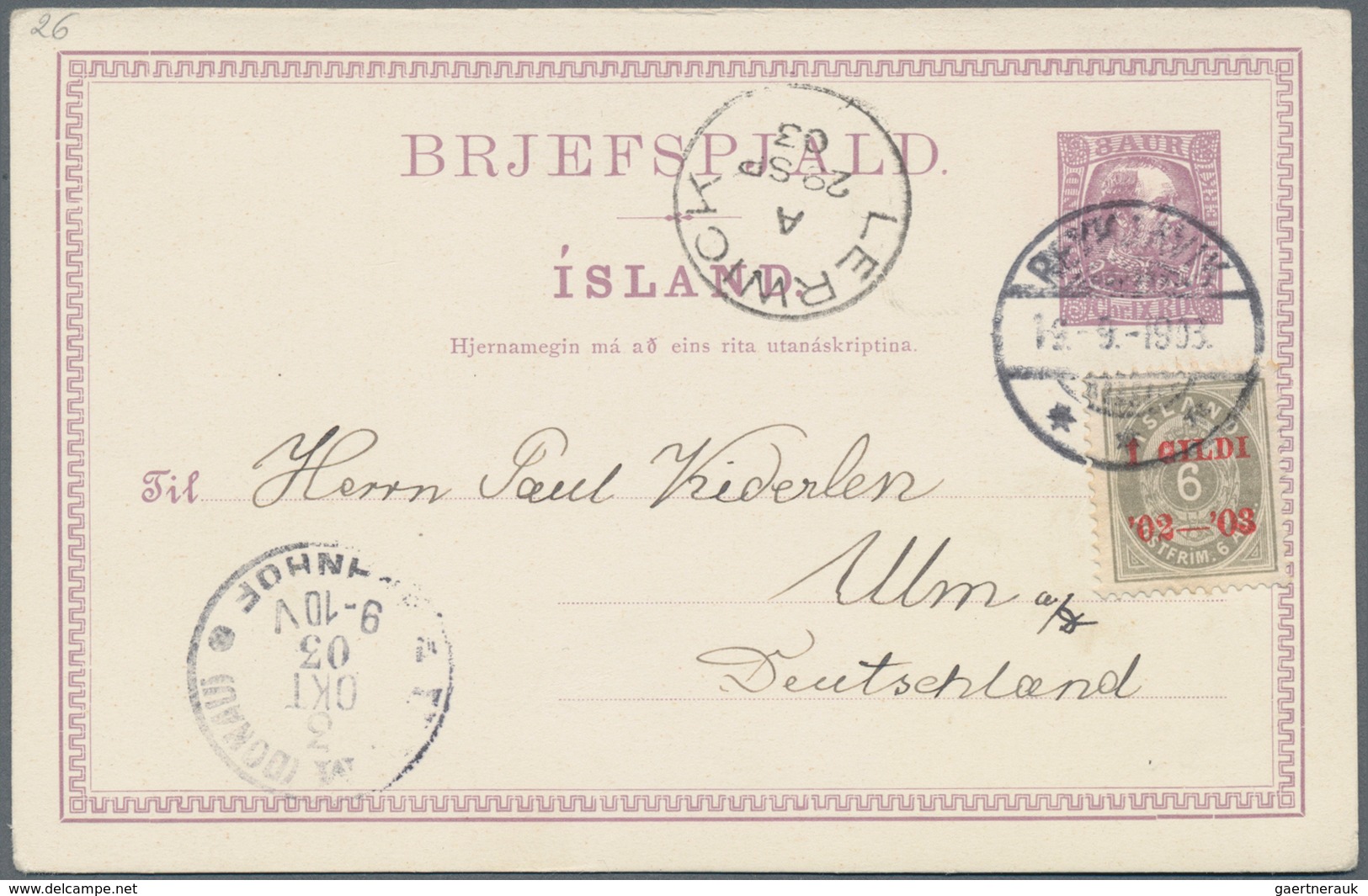 Island - Ganzsachen: 1903, 8 Aur Stationery Card Uprated With "1 GILDI" On 6 Aur Sent, Without Text - Postwaardestukken