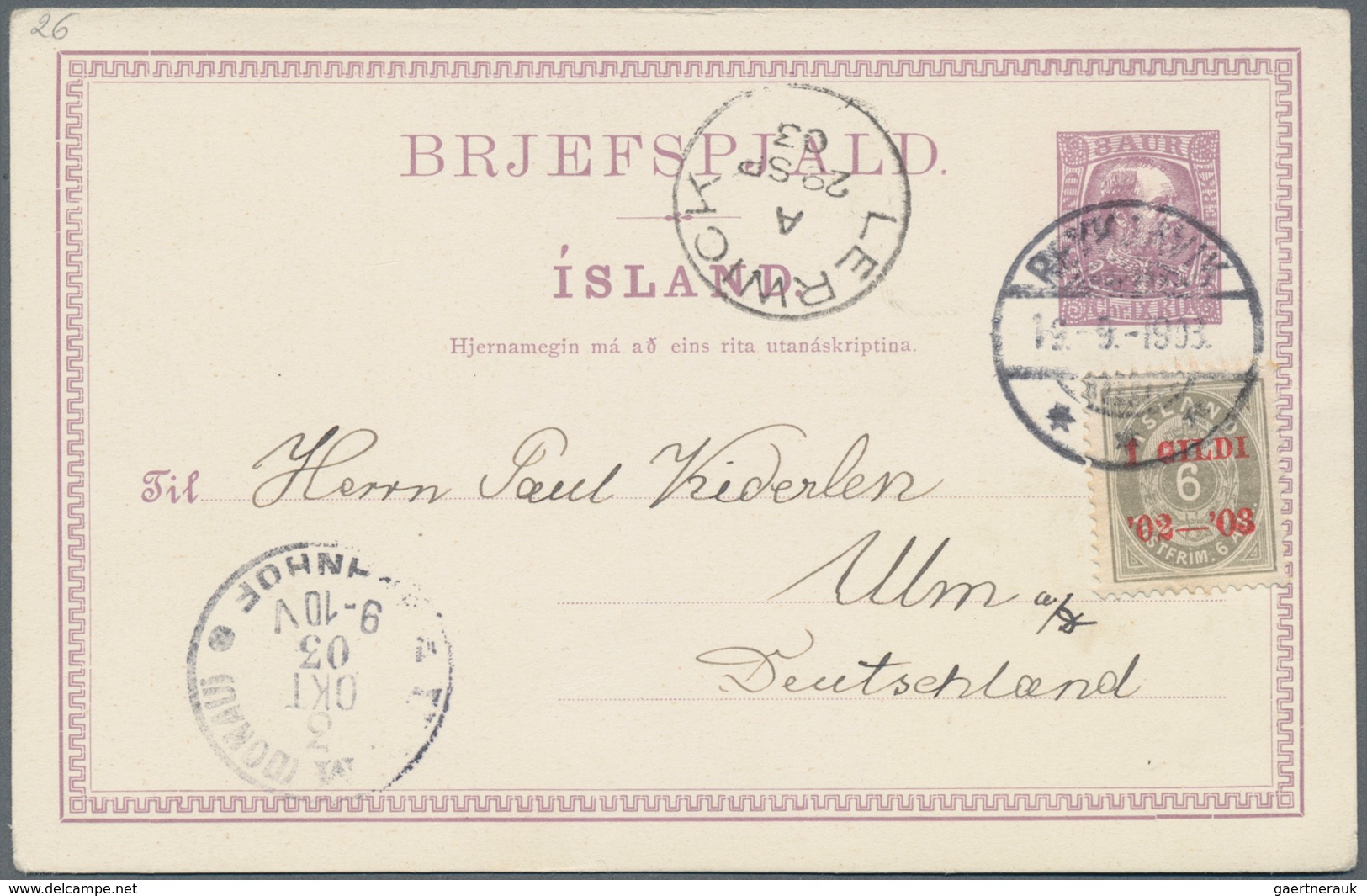 Island - Ganzsachen: 1903, 8 Aur Stationery Card Uprated With "1 GILDI" On 6 Aur Sent, Without Text - Postal Stationery