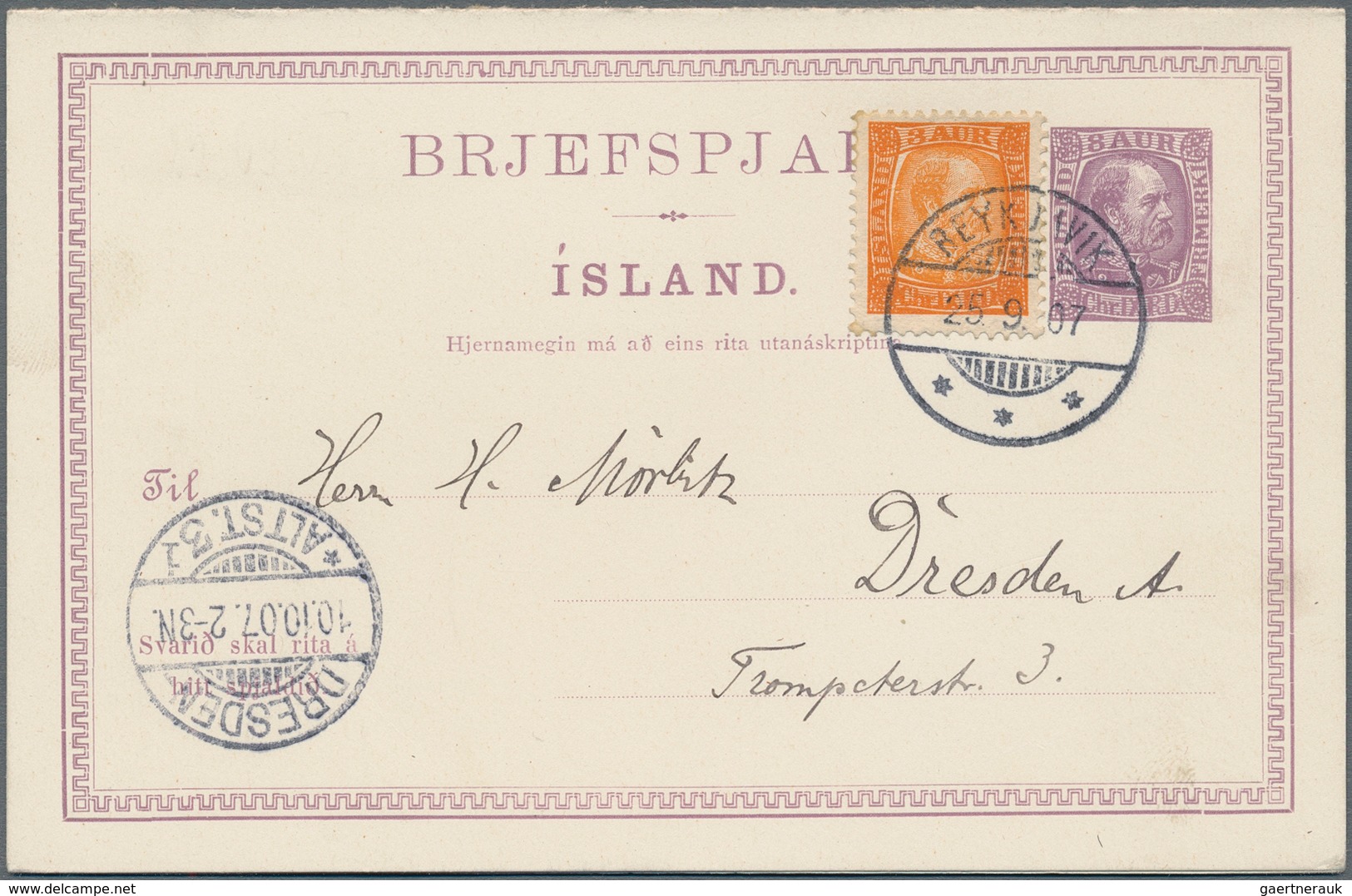 Island - Ganzsachen: 1902 Postal Stationery Double Card 8+8a. Brown-lilac As Well As Single Card 8a. - Postwaardestukken