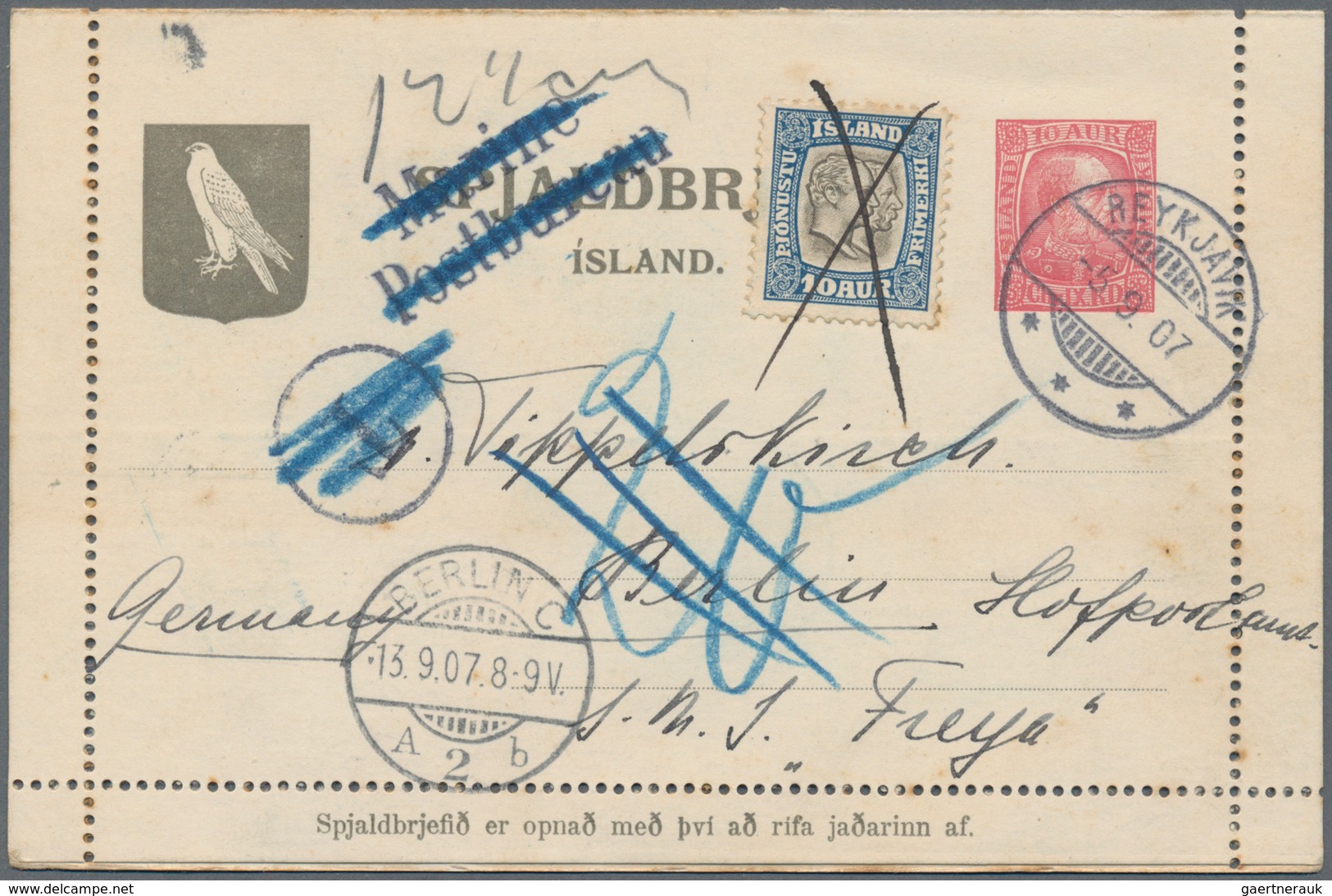 Island - Ganzsachen: 1907 Letter Card KCIX. 10a. Red Sent From Reykjavik To Berlin Germany By S.M.S. - Entiers Postaux