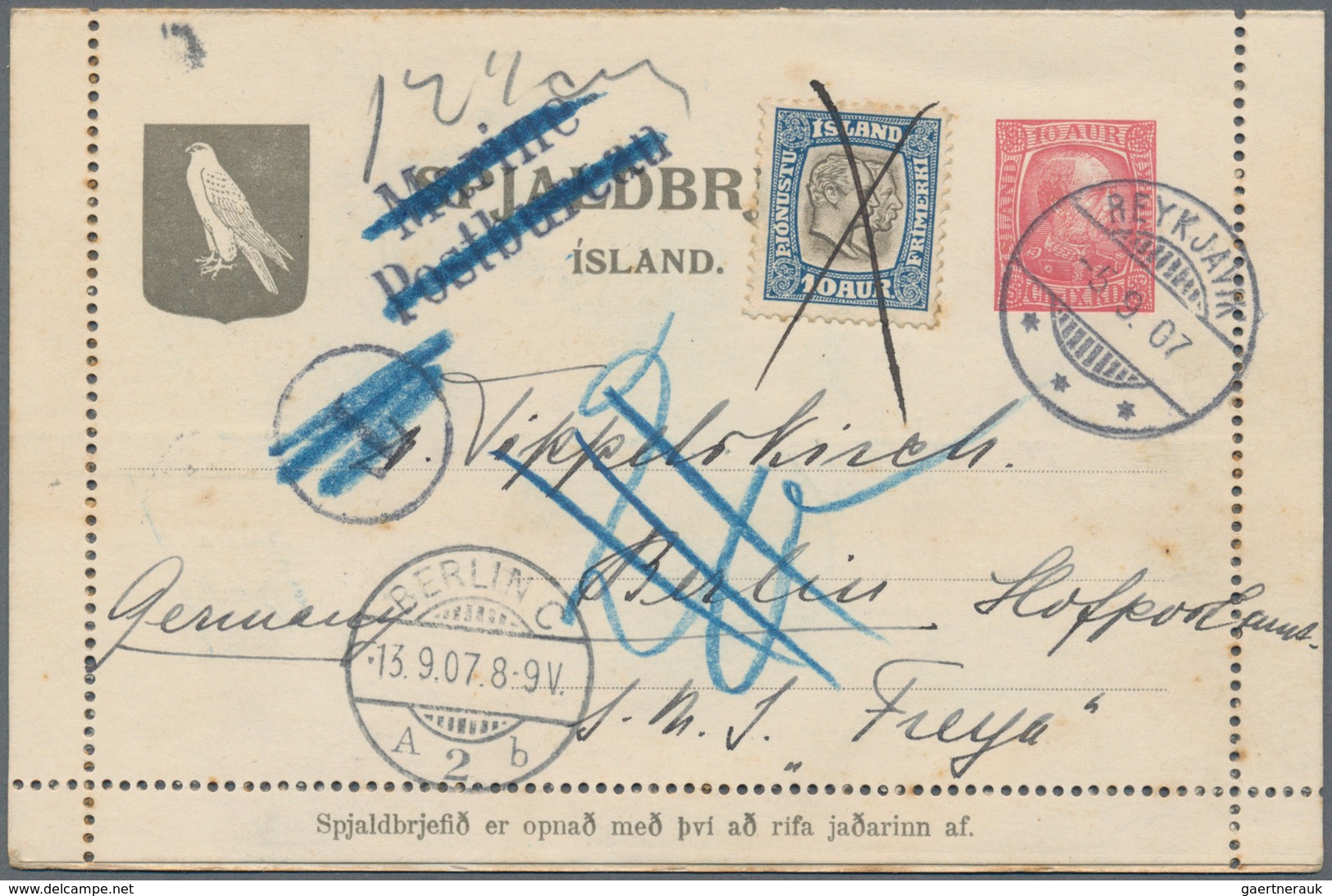 Island - Ganzsachen: 1907 Letter Card KCIX. 10a. Red Sent From Reykjavik To Berlin Germany By S.M.S. - Postal Stationery