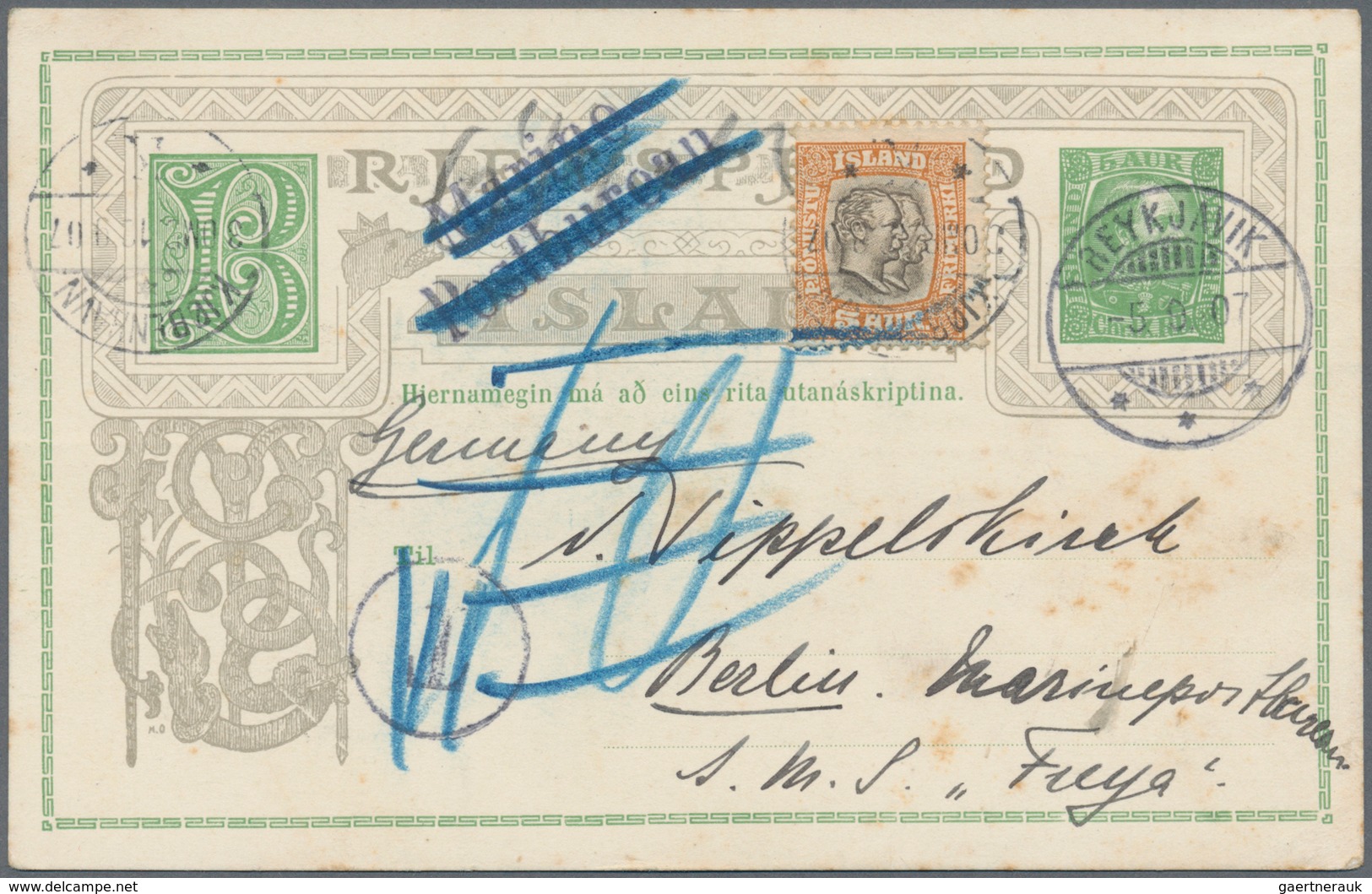Island - Ganzsachen: 1907 Postal Stationery Card KCIX. 5a. Green Sent From Reykjavik To Berlin Germa - Postwaardestukken