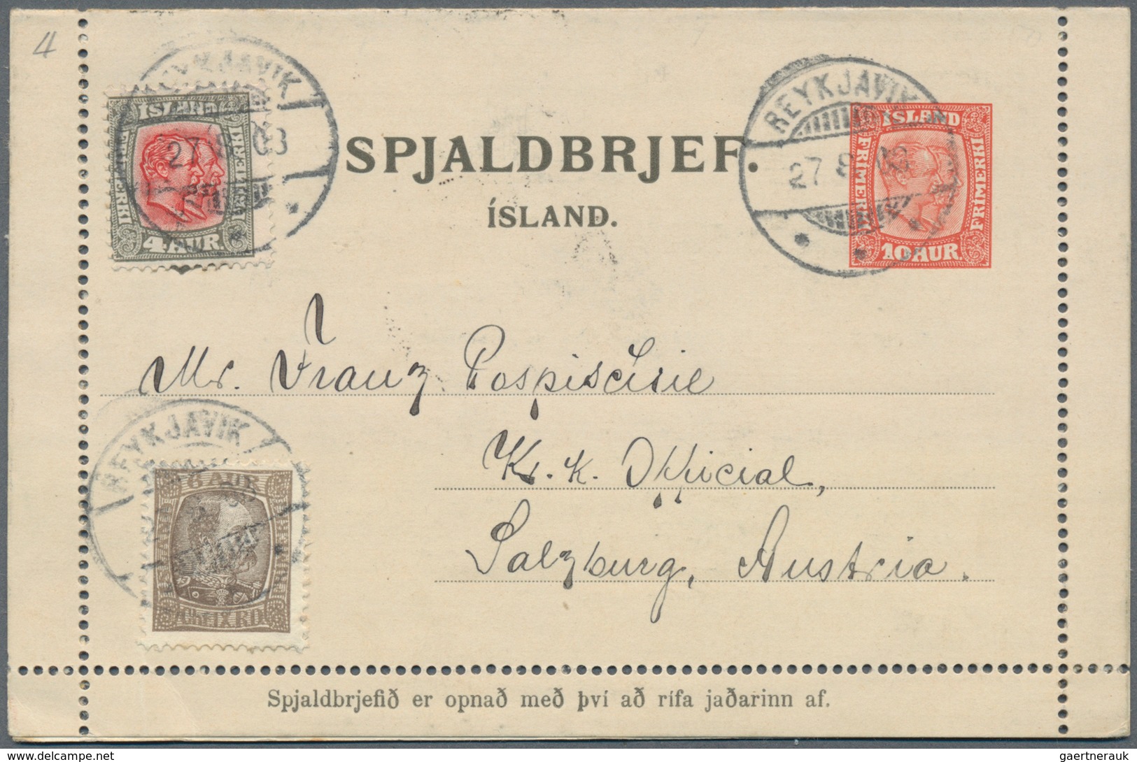 Island - Ganzsachen: 1908, 10 Aur Card Letter With Margins Sent Uprated From REYKJAVIK To Salzburg. - Postal Stationery