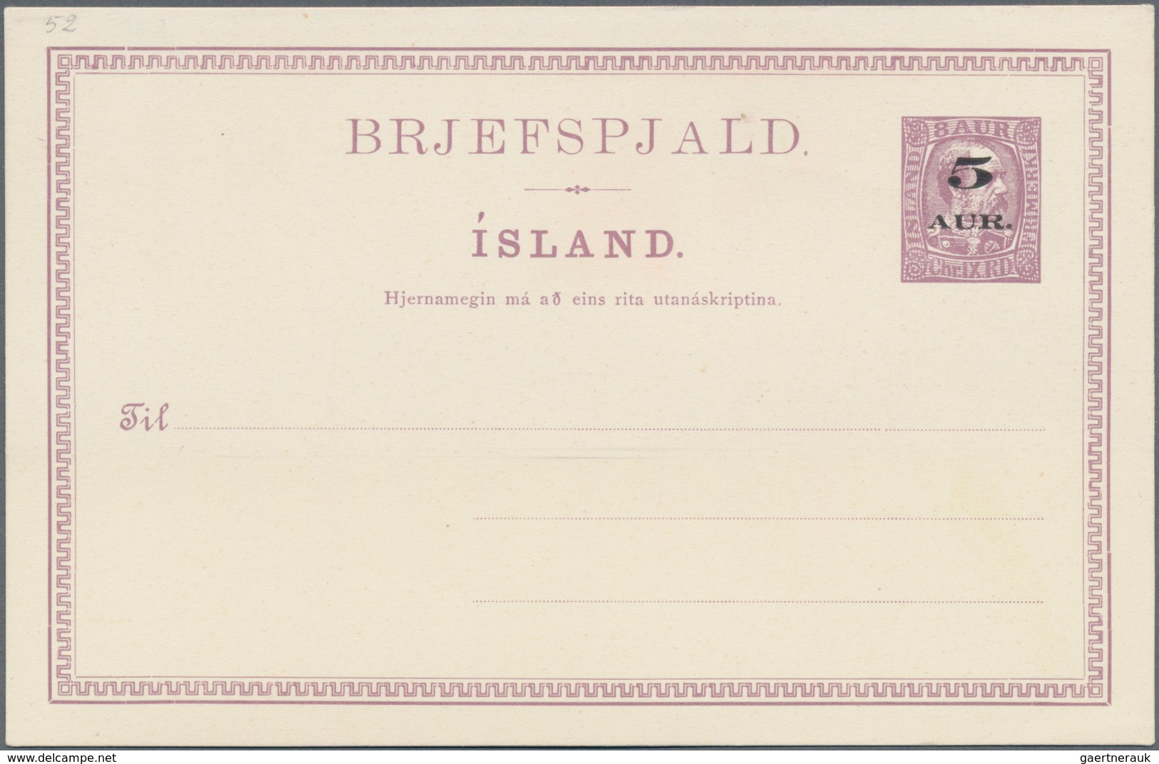 Island - Ganzsachen: 1919, 5 A On 8 A Brown-lilac Overprint Postal Stationery Postcard, Unused, Mi 4 - Postwaardestukken