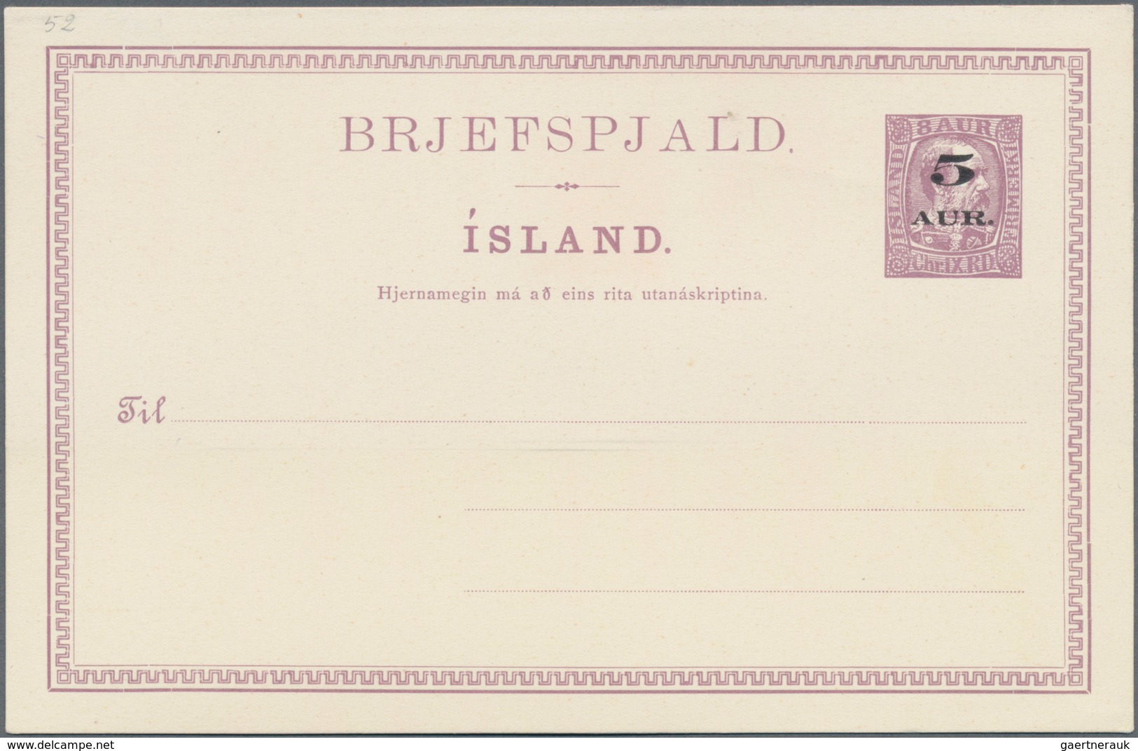 Island - Ganzsachen: 1919, 5 A On 8 A Brown-lilac Overprint Postal Stationery Postcard, Unused, Mi 4 - Postal Stationery