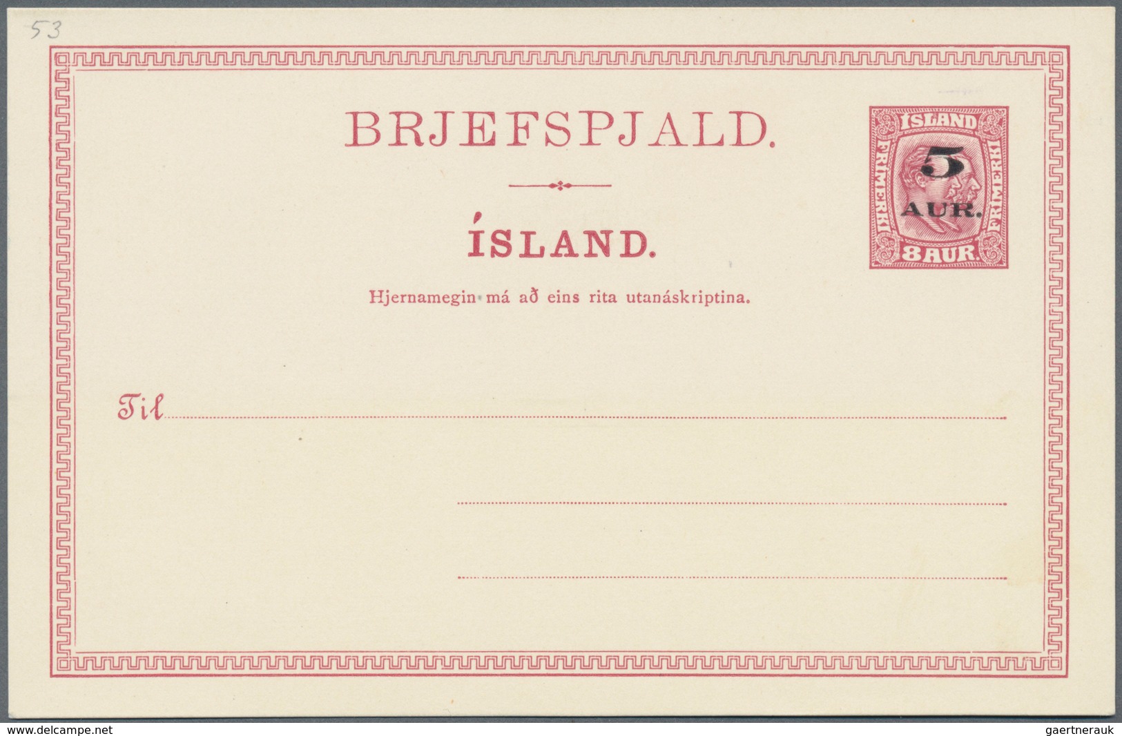 Island - Ganzsachen: 1919, 8 Aur Double Kings Stationery Card Unsed Overprinted With New Value "5 Au - Ganzsachen