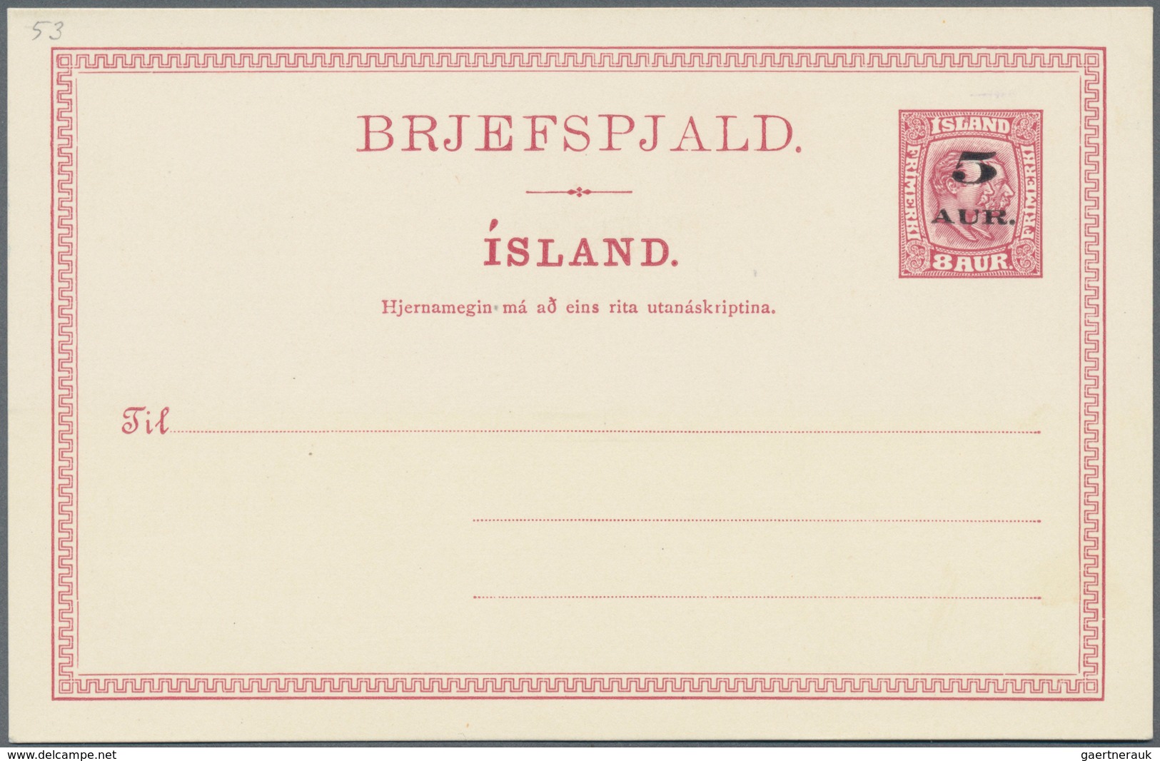 Island - Ganzsachen: 1919, 8 Aur Double Kings Stationery Card Unsed Overprinted With New Value "5 Au - Postal Stationery