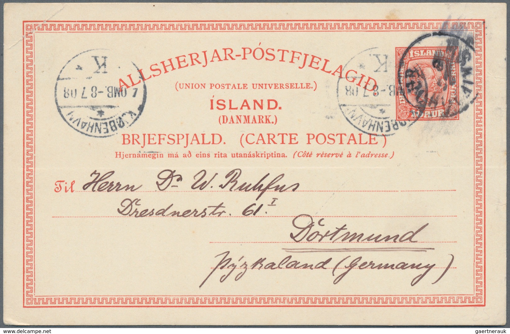 Island - Ganzsachen: 1908, 7 Used Postal Stationery Postcards Incl. Five Cards 3 Aur With Printed Te - Postwaardestukken