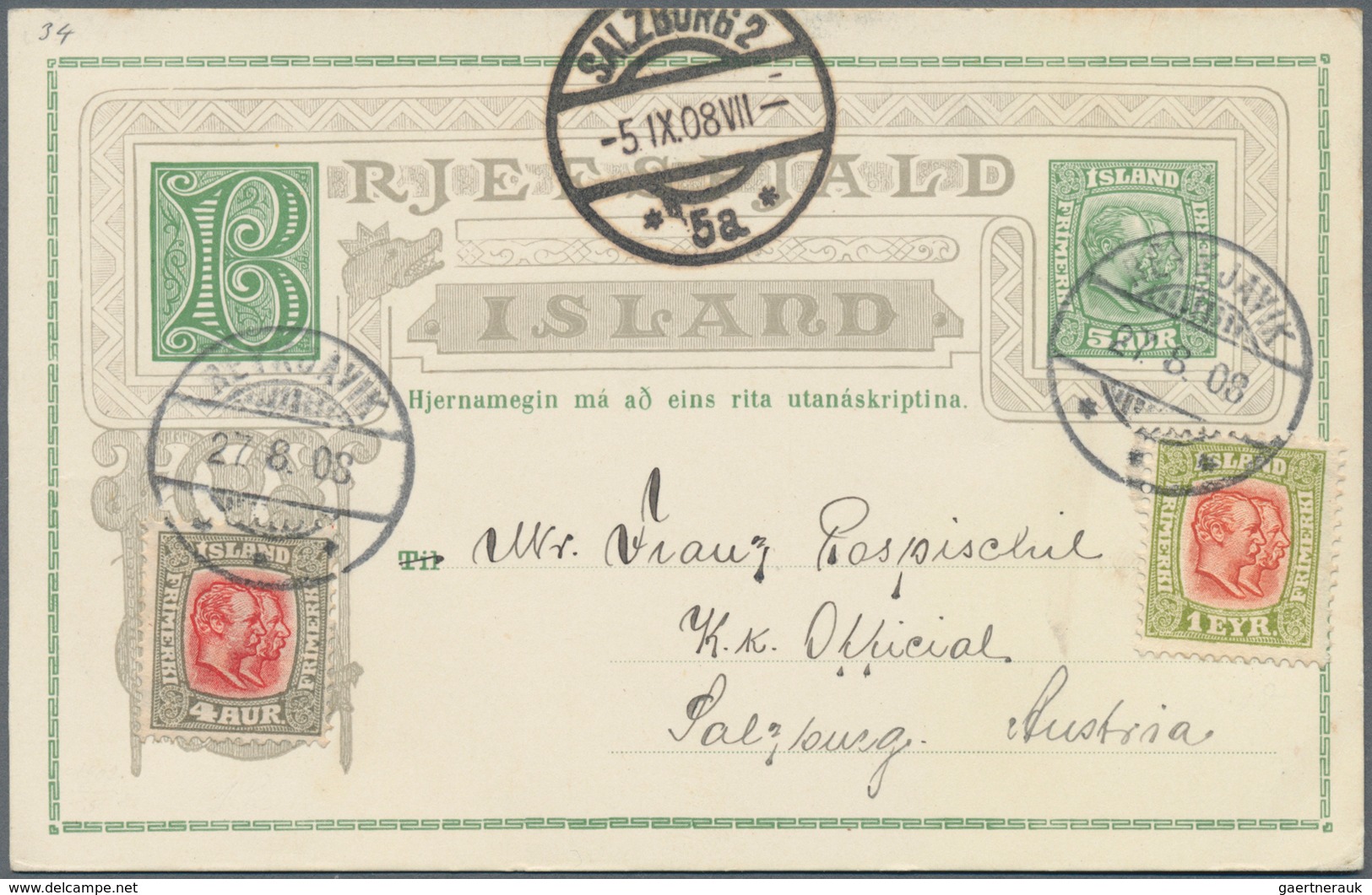 Island - Ganzsachen: 1908, 5 Aur Stationery Card Together With 8 Aur Card, Each Uprated Sent With Gr - Ganzsachen