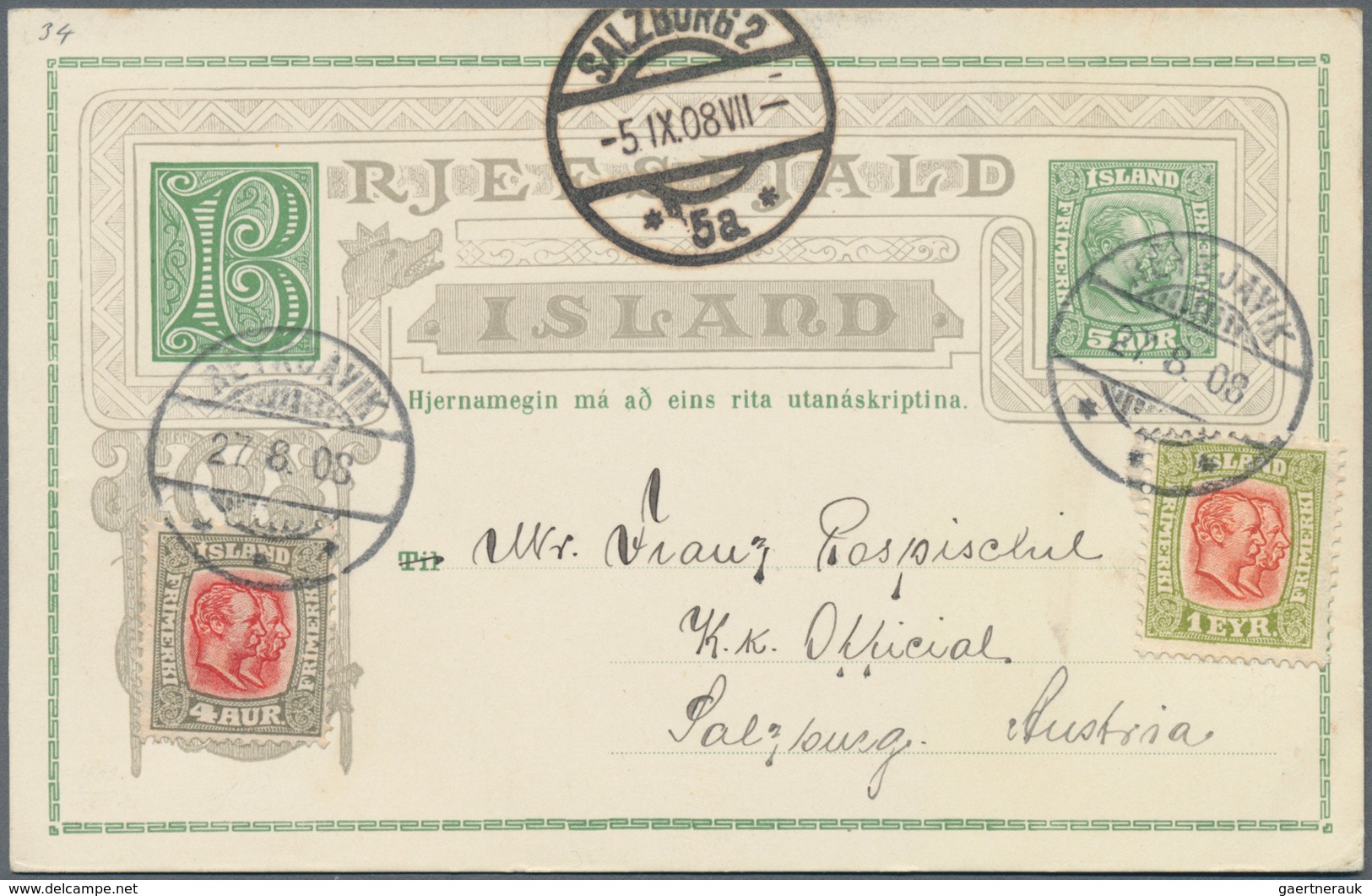 Island - Ganzsachen: 1908, 5 Aur Stationery Card Together With 8 Aur Card, Each Uprated Sent With Gr - Postal Stationery