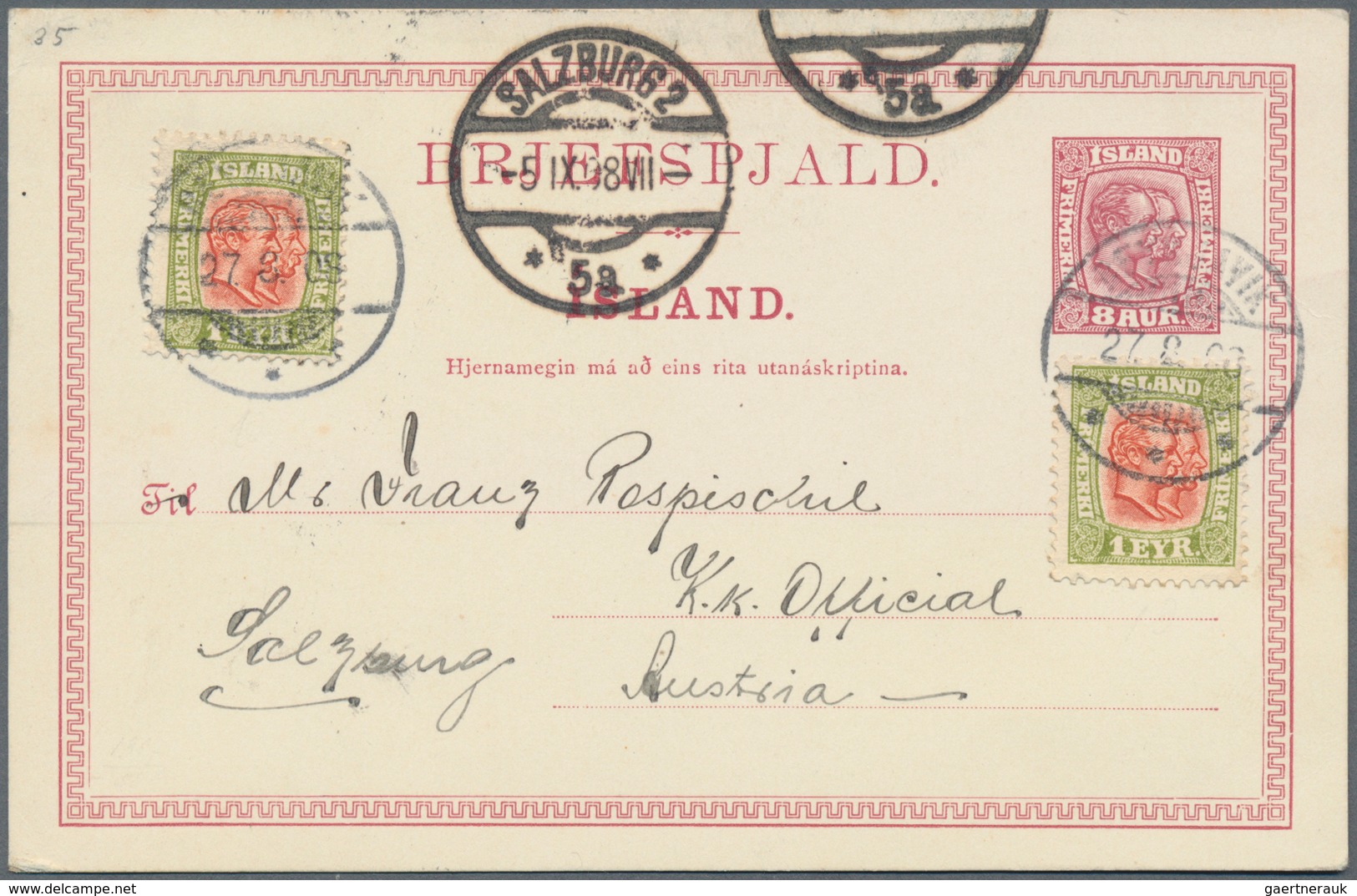 Island - Ganzsachen: 1908, 5 Aur Stationery Card Together With 8 Aur Card, Each Uprated Sent With Gr - Postal Stationery