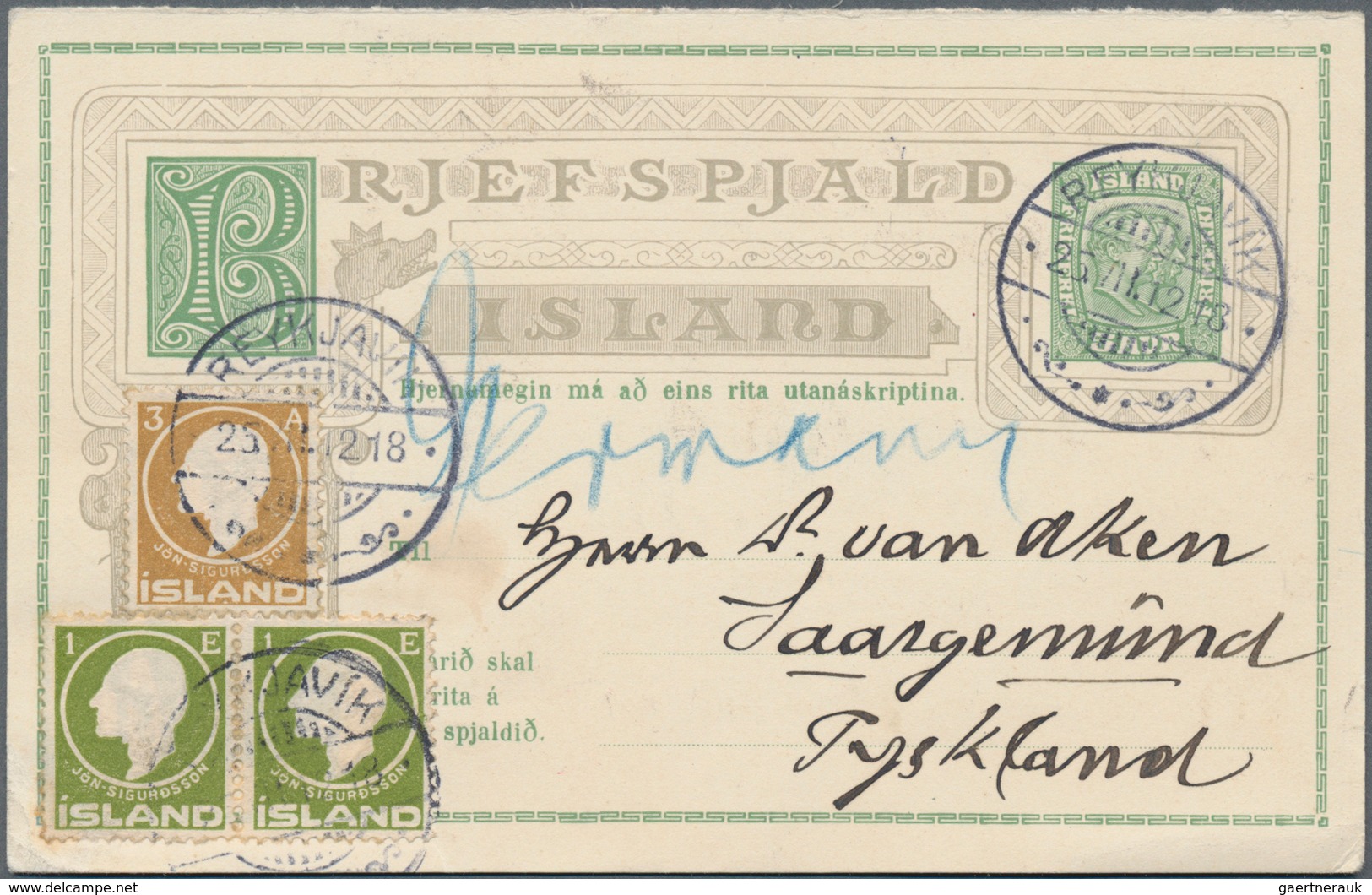 Island - Ganzsachen: 1907 Sender Part Of Postal Stationery Double Card 5+5a. Green Used From Reykjav - Ganzsachen