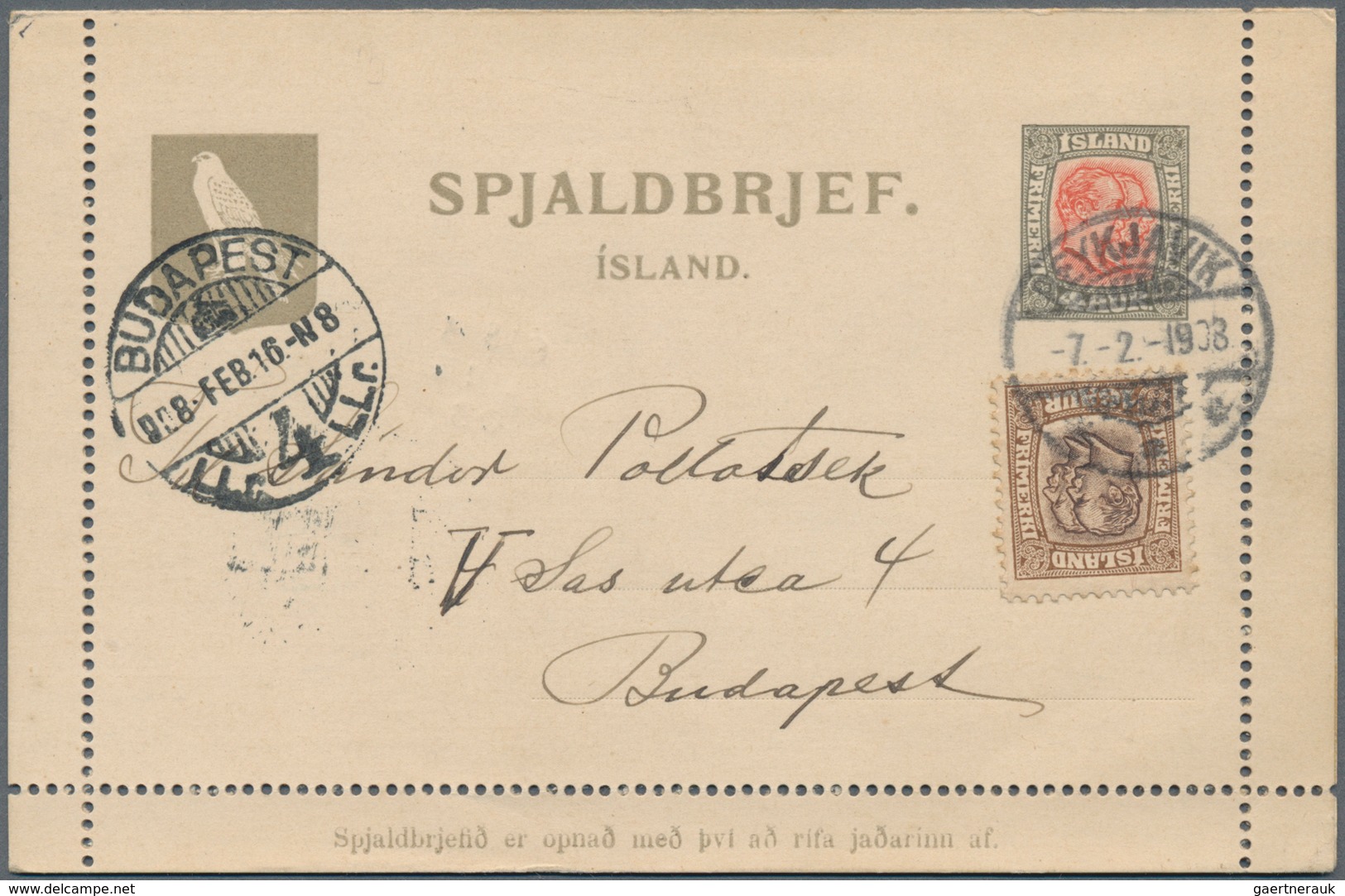 Island - Ganzsachen: 1908 Destination Hungary: Postal Stationery Letter Card 4a., Uprated 'Two Kings - Ganzsachen