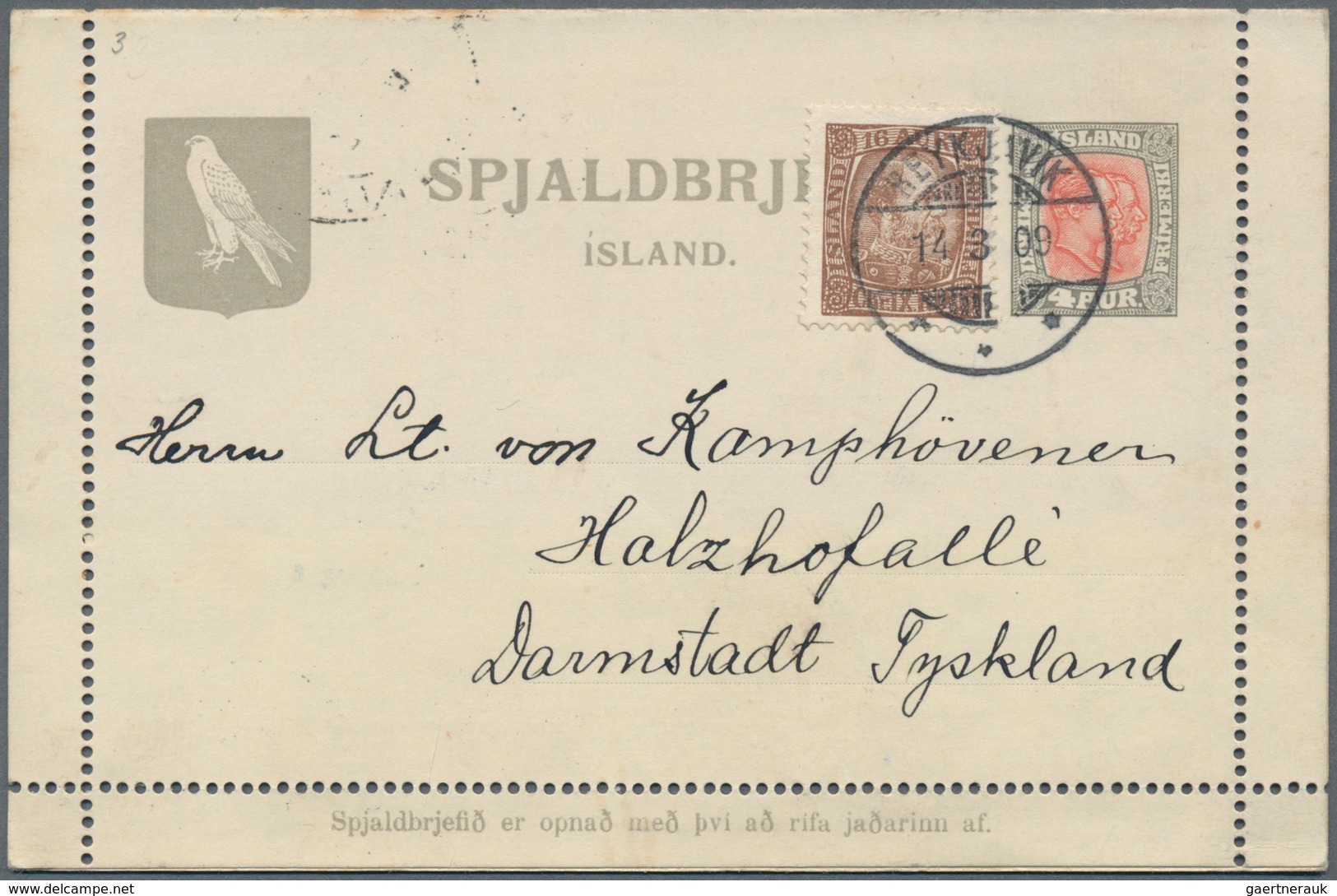 Island - Ganzsachen: 1909, 4 Aur Card Letter Uprated With 16 Aur Christian IX. Sent From REYKJAVIK V - Postwaardestukken