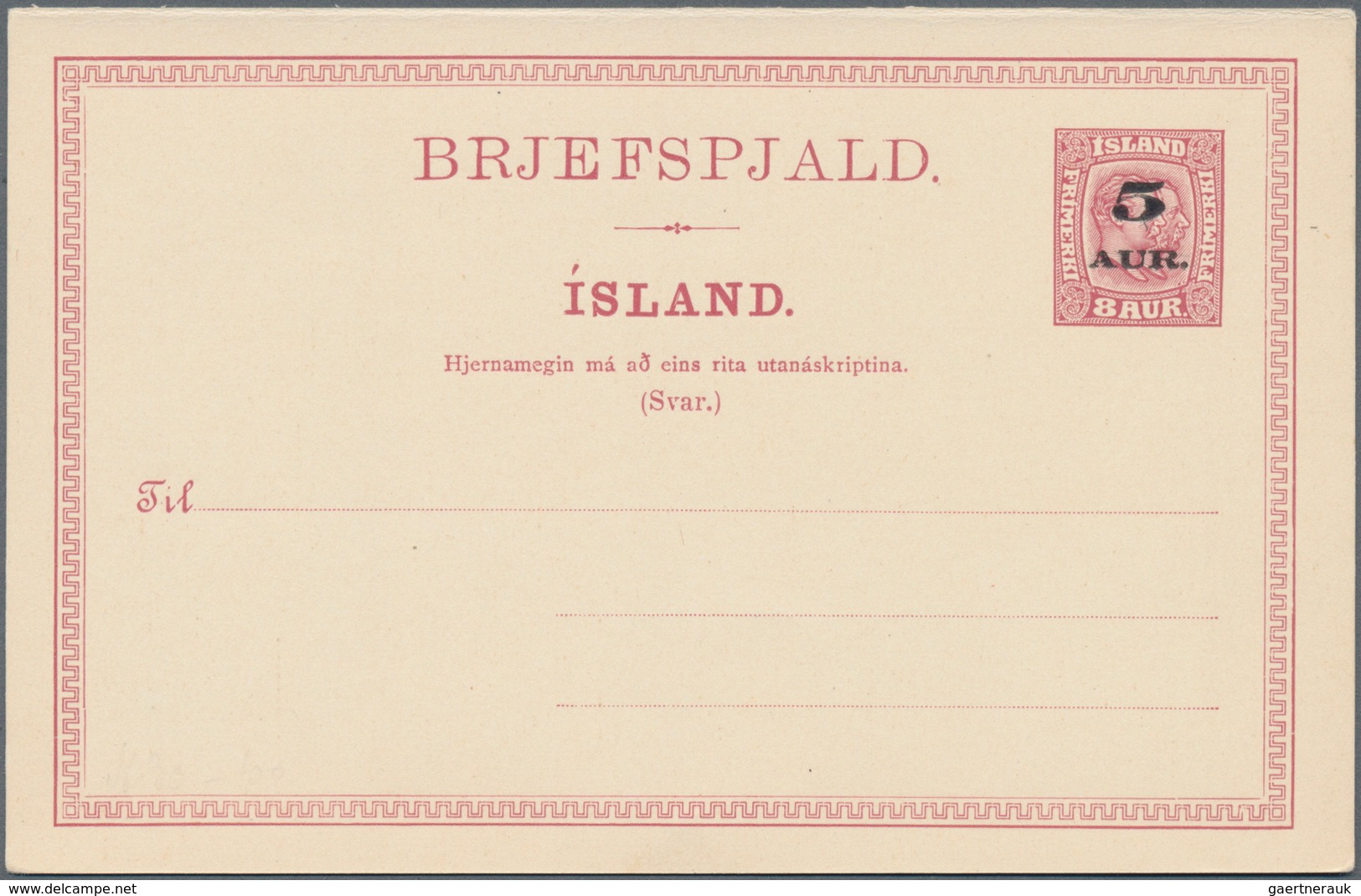 Island - Ganzsachen: 1919, 5 A On 8 A Postal Stationery Answer Card Unused, Was Sold Separately, Edi - Postal Stationery