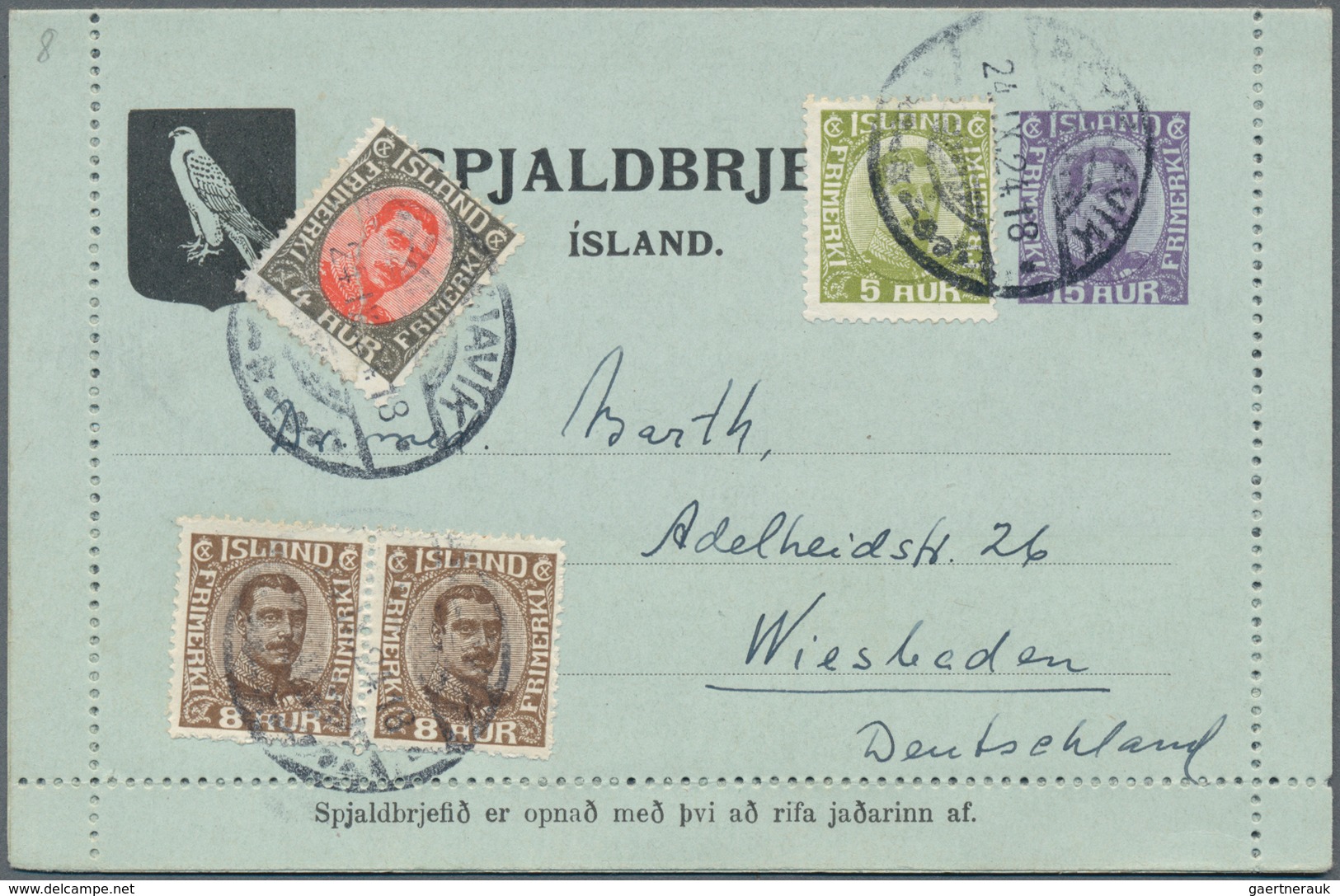 Island - Ganzsachen: 1924, 15 Aur Card Letter Uprated With 4, 5 And Pair Of 8 Aur Christian X Sent F - Postwaardestukken