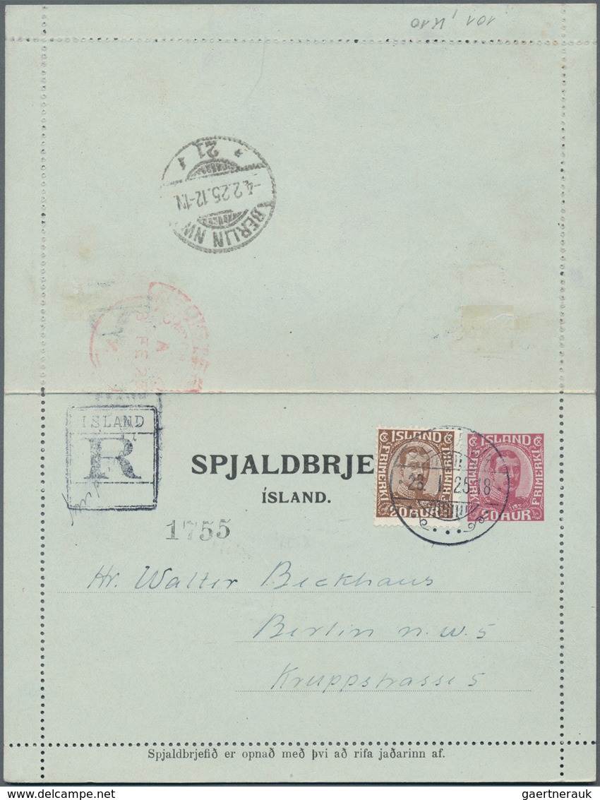 Island - Ganzsachen: 1923 Postal Stationery Letter Card 20a. Used Registered From Reykjavik To Berli - Ganzsachen