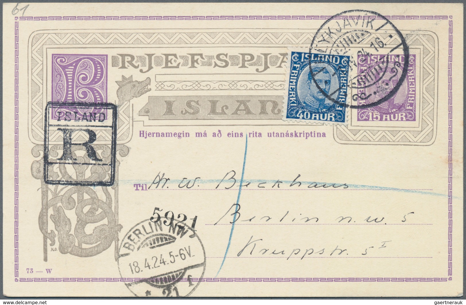 Island - Ganzsachen: 1924, 15 Aur Stationery Card Uprated With 40 Aur Christian X. Sent Registered W - Postwaardestukken