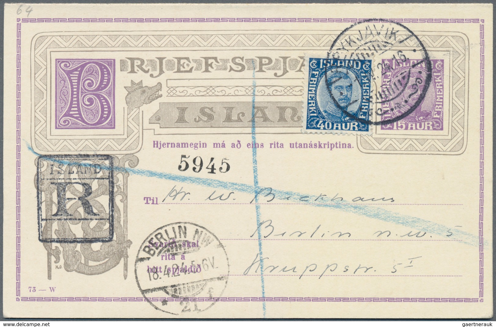 Island - Ganzsachen: 1924, 15 Aur Double Card Uprated With 40 Aur Christian X. Sent Registered Witho - Entiers Postaux