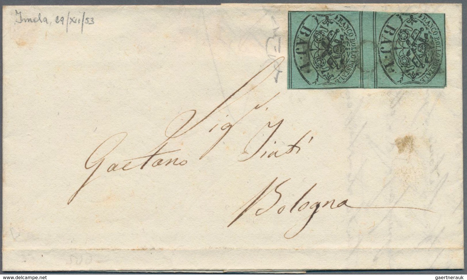 Italien - Altitalienische Staaten: Kirchenstaat: 1852, 1 Baj. Bluish Green Vertical Pair Cancelled W - Papal States