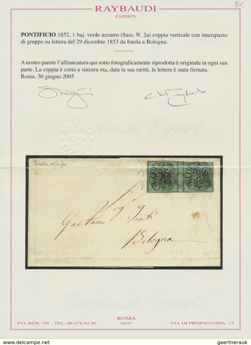 Italien - Altitalienische Staaten: Kirchenstaat: 1852, 1 Baj. Bluish Green Vertical Pair Cancelled W - Kirchenstaaten