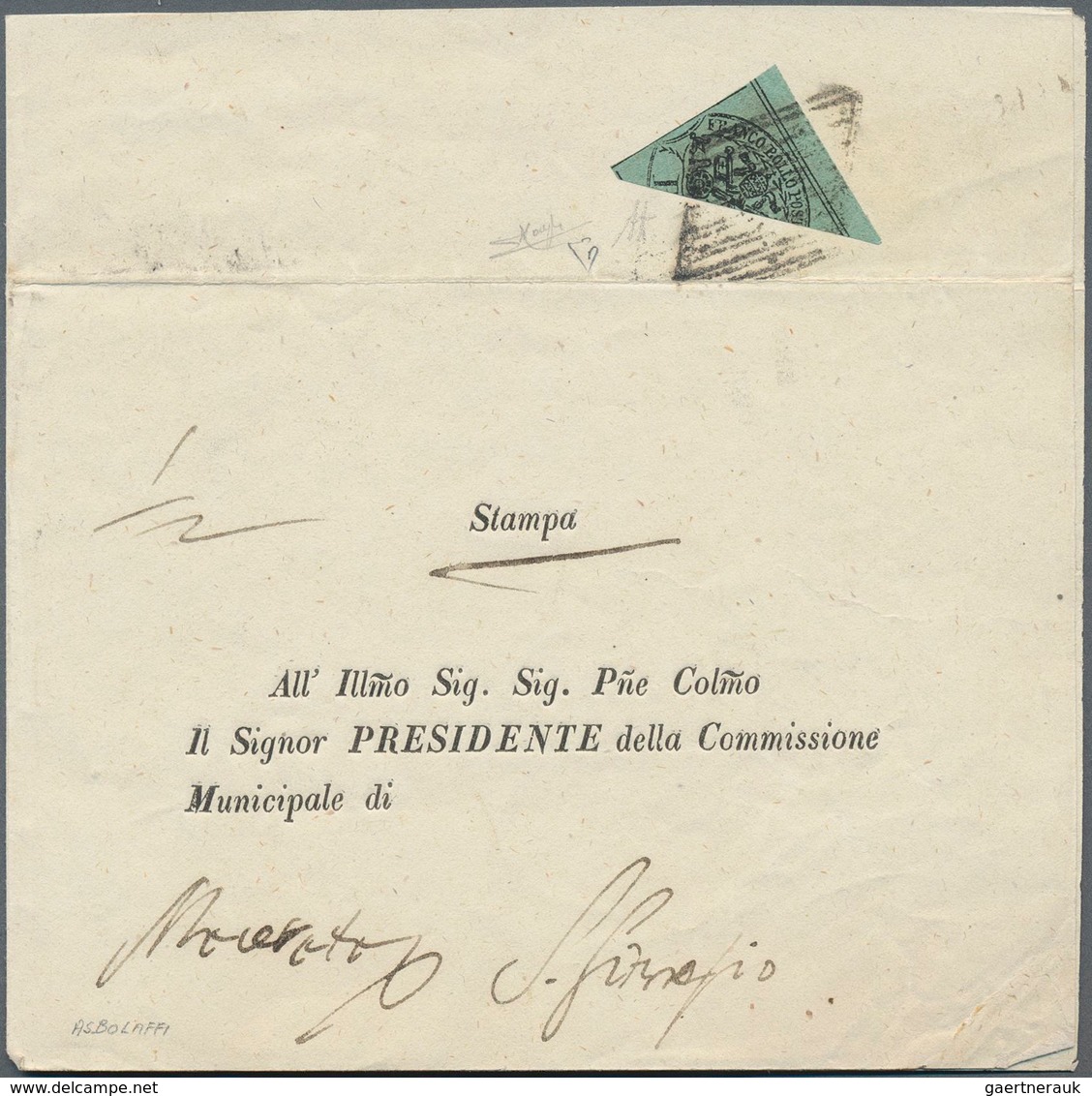 Italien - Altitalienische Staaten: Kirchenstaat: 1858, 2 Baj Black On Deep Green, Diagonally Bisecte - Kirchenstaaten