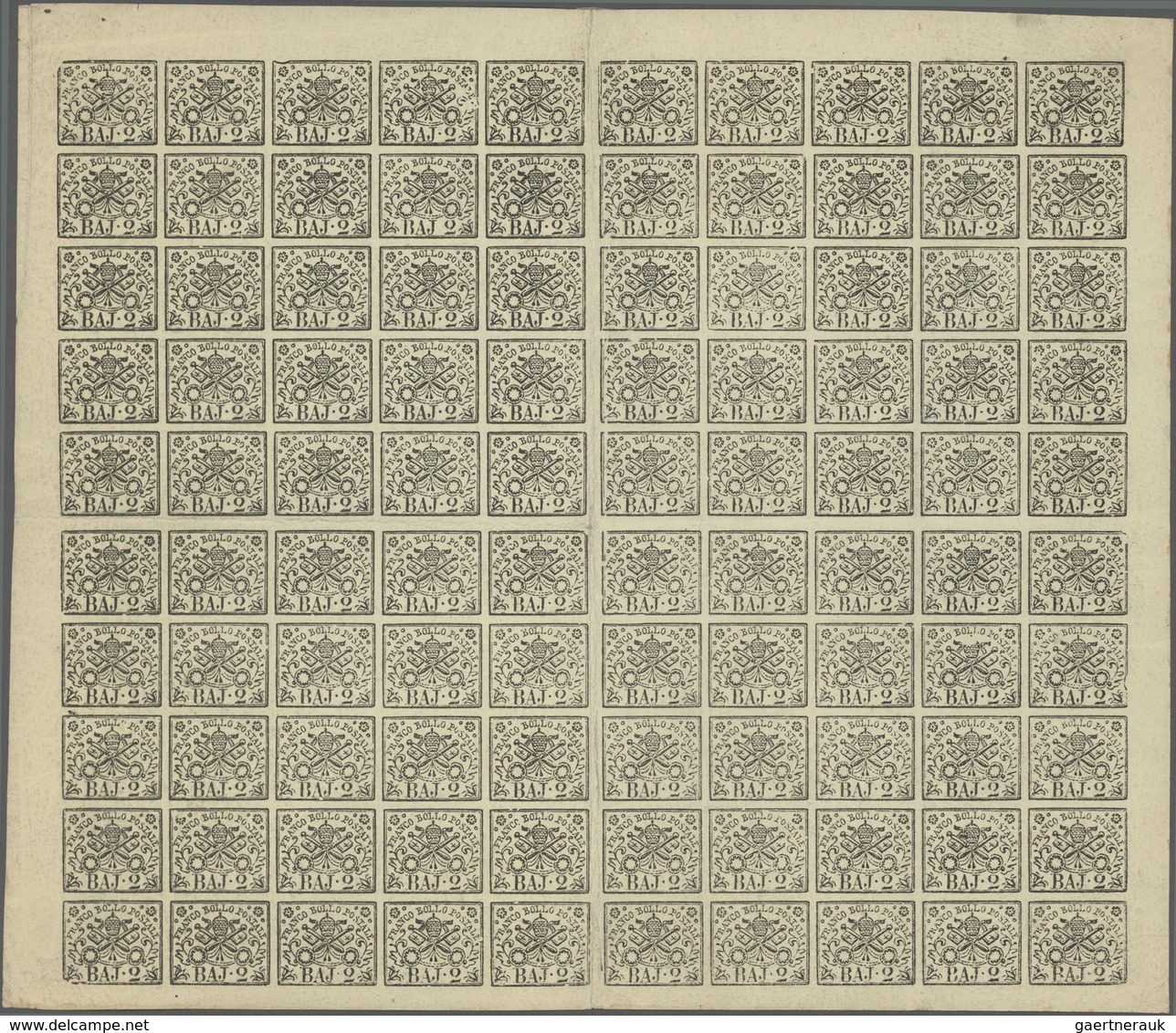 Italien - Altitalienische Staaten: Kirchenstaat: 1852, 2 Baj Black On Yellowish Green, Complete Prin - Papal States
