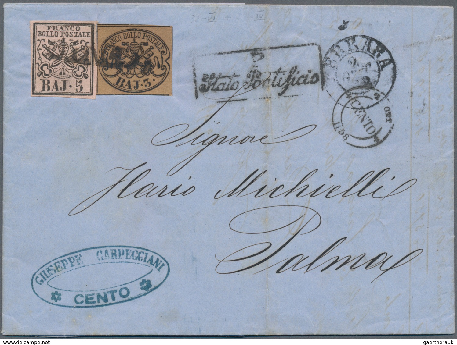 Italien - Altitalienische Staaten: Kirchenstaat: 1858, Folded Letter Franked With 3 And 5 Baj With S - Kerkelijke Staten
