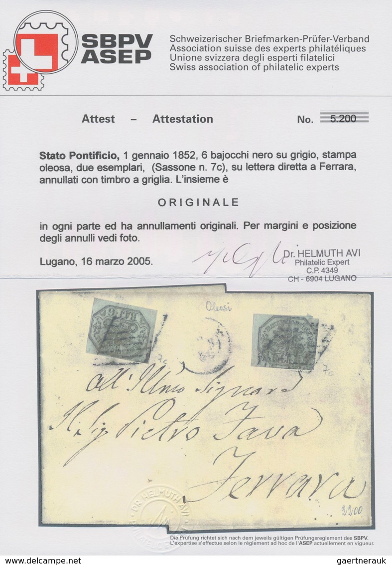 Italien - Altitalienische Staaten: Kirchenstaat: 1852, 6 Baj. Black On Grey, Two Items On A Folded L - Kirchenstaaten