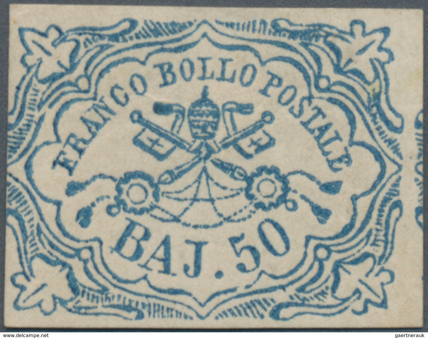 Italien - Altitalienische Staaten: Kirchenstaat: 1852, 50 Baj Blue, Three Full Margins, Left Side Sl - Kirchenstaaten