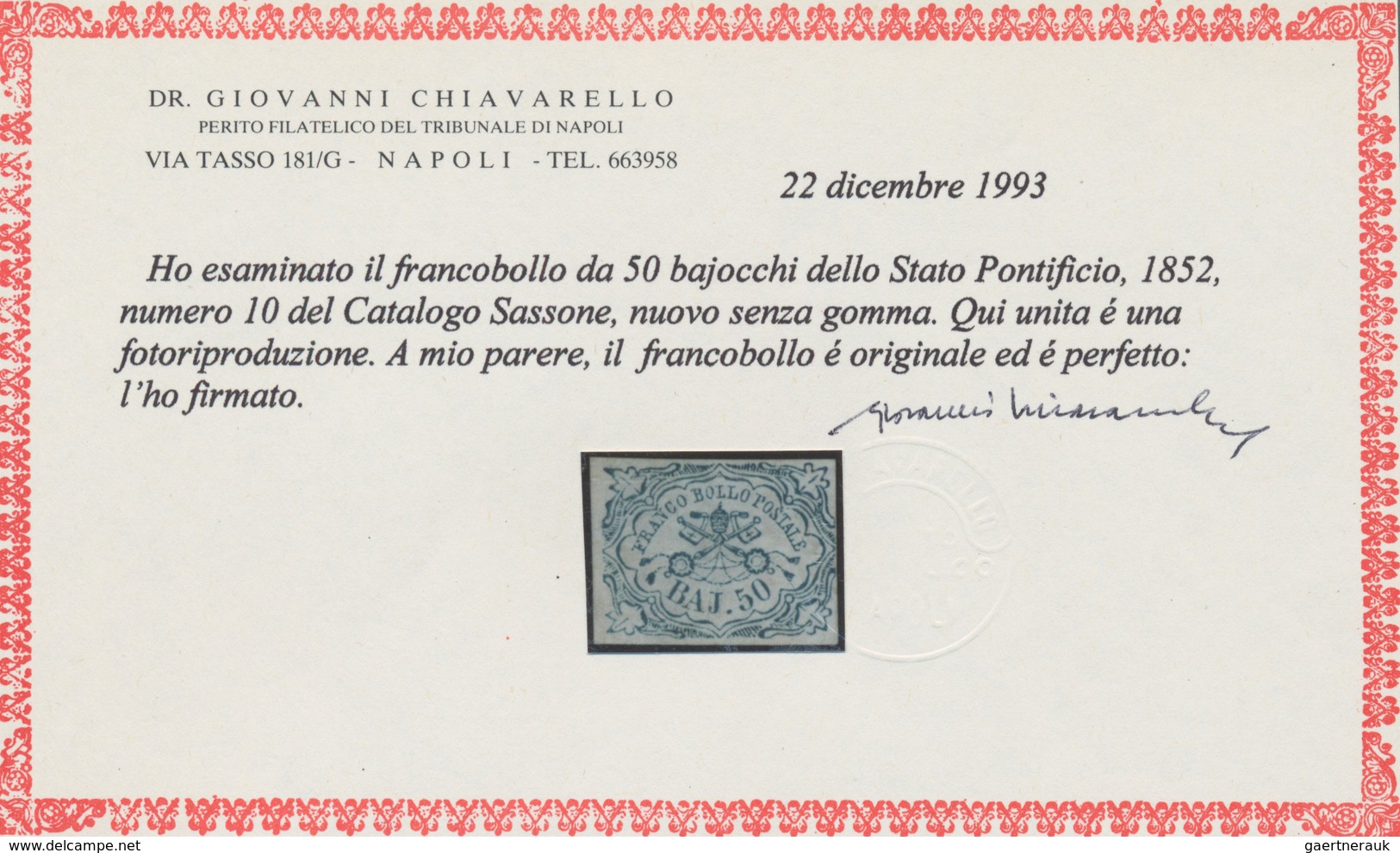 Italien - Altitalienische Staaten: Kirchenstaat: 1852, 50 Baj. Light Blue Unused Without Gum, Three - Kerkelijke Staten