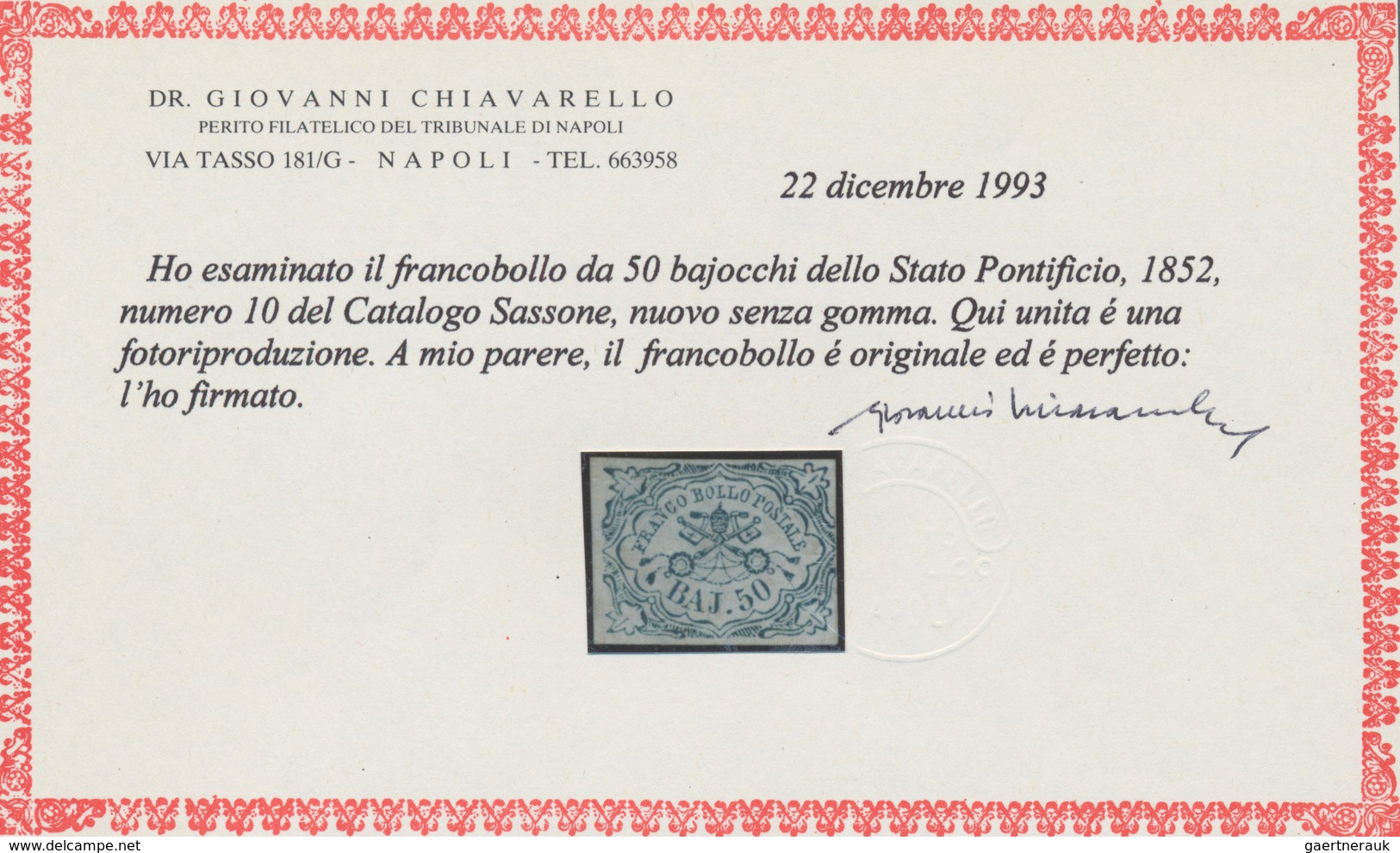 Italien - Altitalienische Staaten: Kirchenstaat: 1852, 50 Baj. Light Blue Unused Without Gum, Three - Papal States