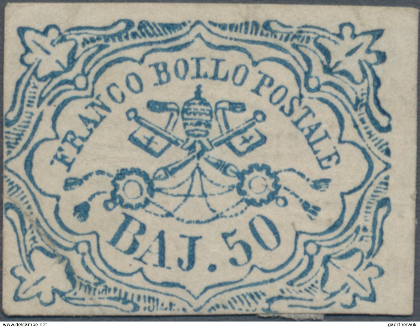 Italien - Altitalienische Staaten: Kirchenstaat: 1852. 50 Baj Light Blue, Mint Without Gum, Very Wid - Papal States