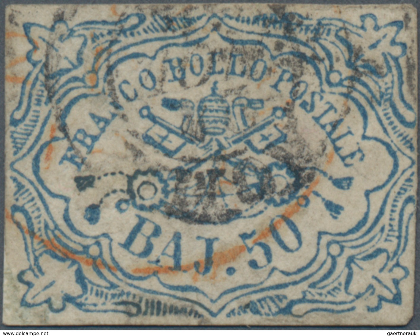 Italien - Altitalienische Staaten: Kirchenstaat: 1852, 50 Baj. Blue Cancelled With Double Circle, Ad - Kerkelijke Staten