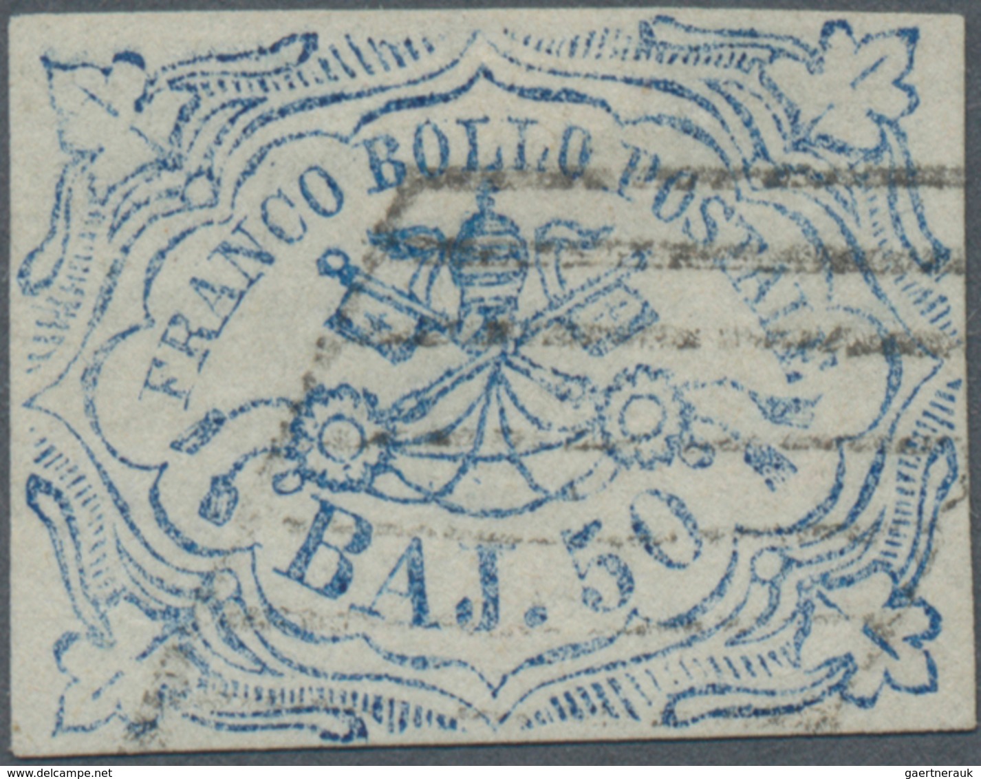 Italien - Altitalienische Staaten: Kirchenstaat: 1852, 50 Baj. Blue Cancelled With Grid Postmark, Th - Kirchenstaaten