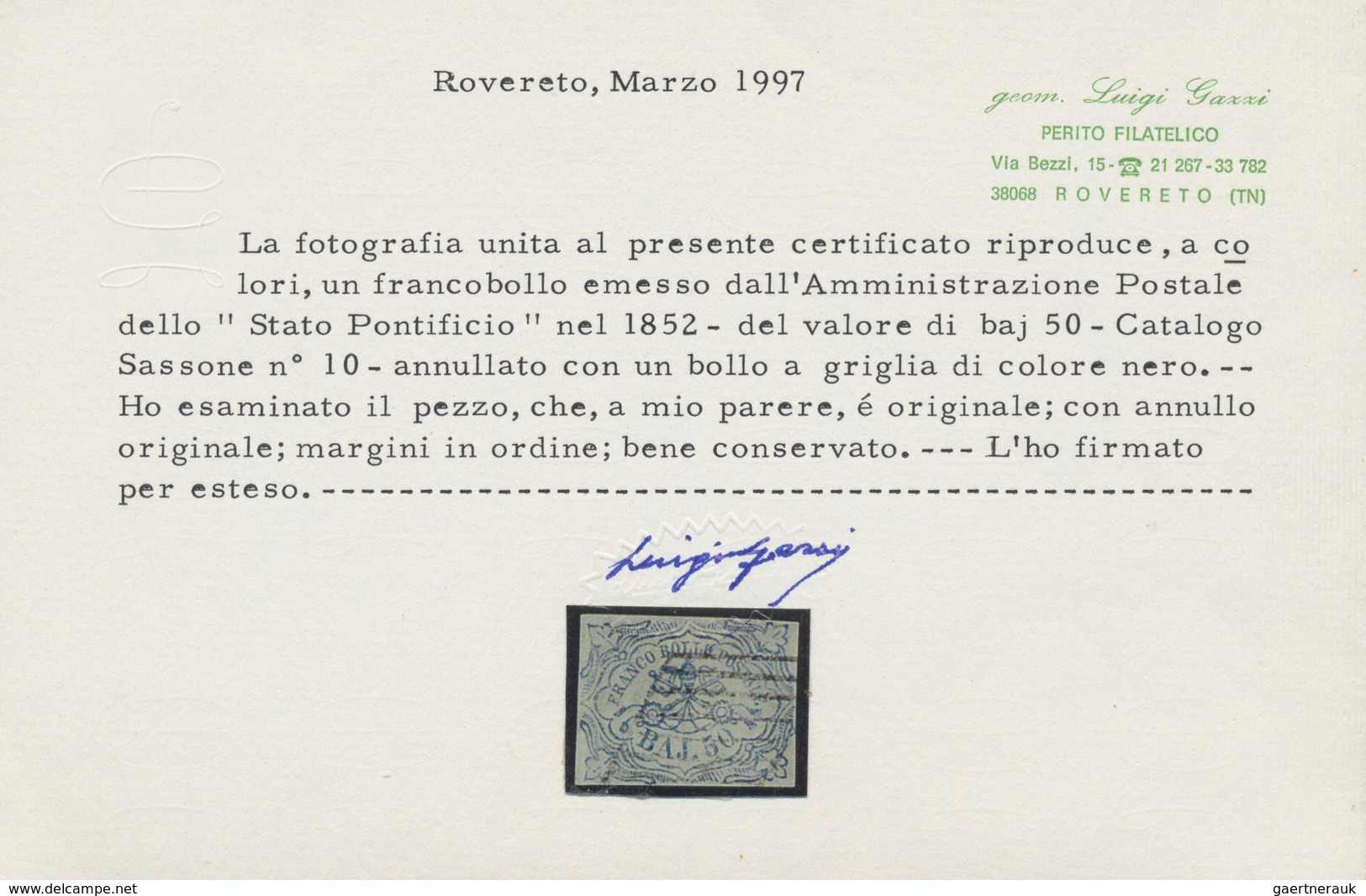 Italien - Altitalienische Staaten: Kirchenstaat: 1852, 50 Baj. Blue Cancelled With Grid Postmark, Th - Kerkelijke Staten