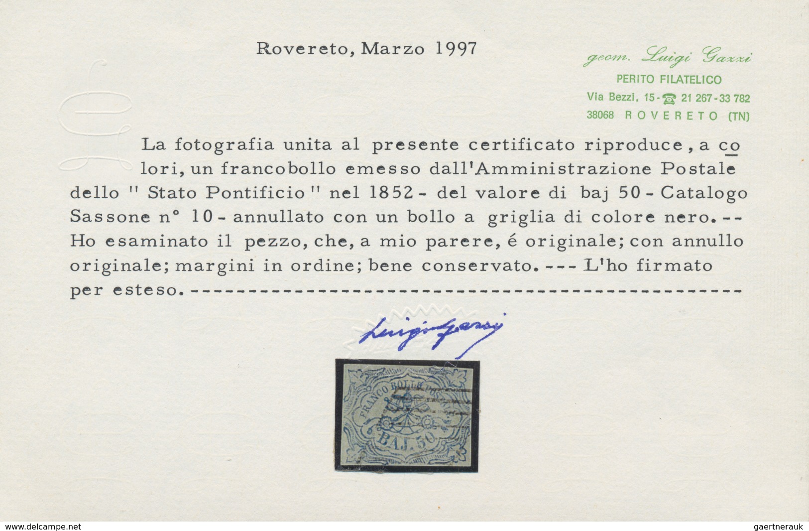 Italien - Altitalienische Staaten: Kirchenstaat: 1852, 50 Baj. Blue Cancelled With Grid Postmark, Th - Papal States