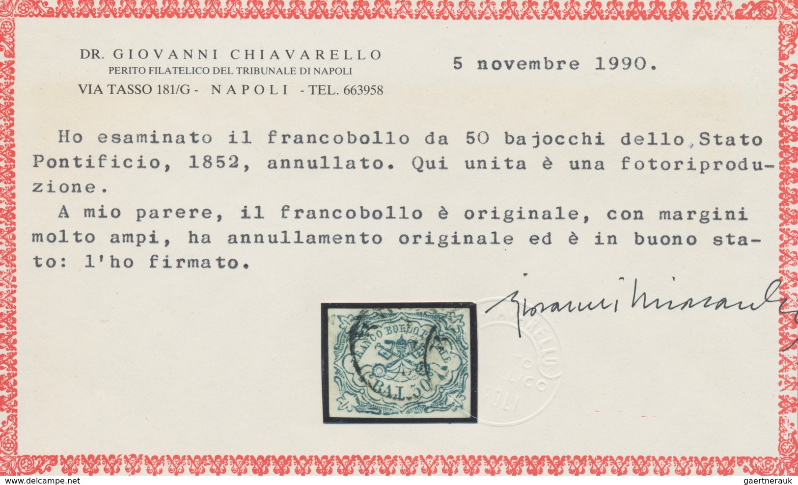 Italien - Altitalienische Staaten: Kirchenstaat: 1852, 50 Baj. Blue Cancelled With Circle Postmark, - Papal States