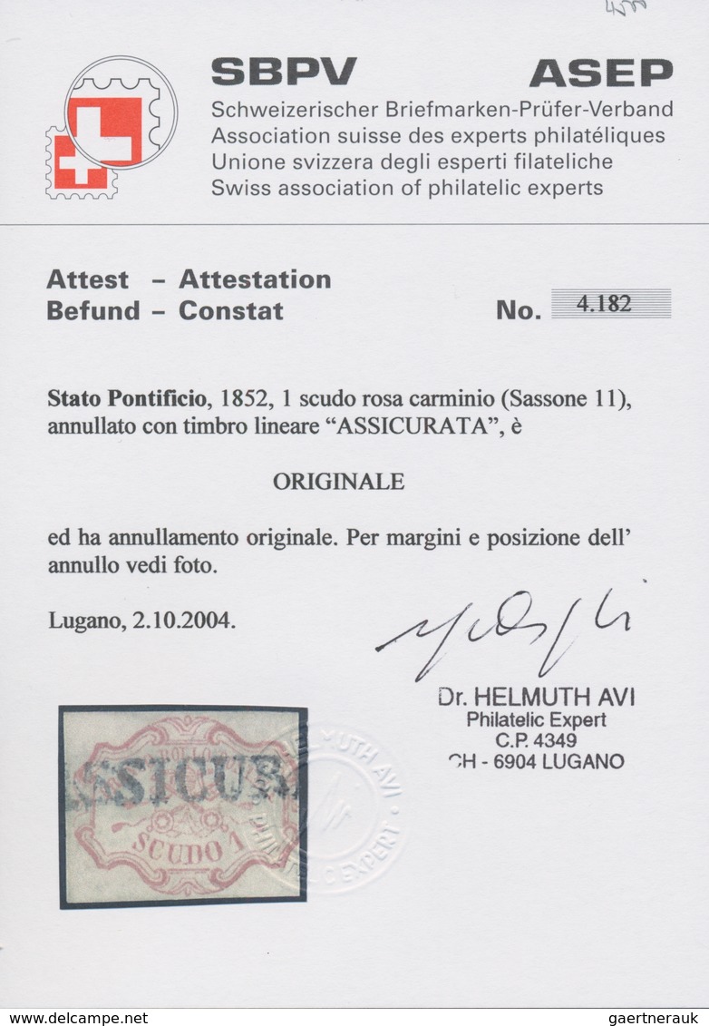 Italien - Altitalienische Staaten: Kirchenstaat: 1852, 1 Sc Rose-carmine Cancelled With One-liner "A - Papal States