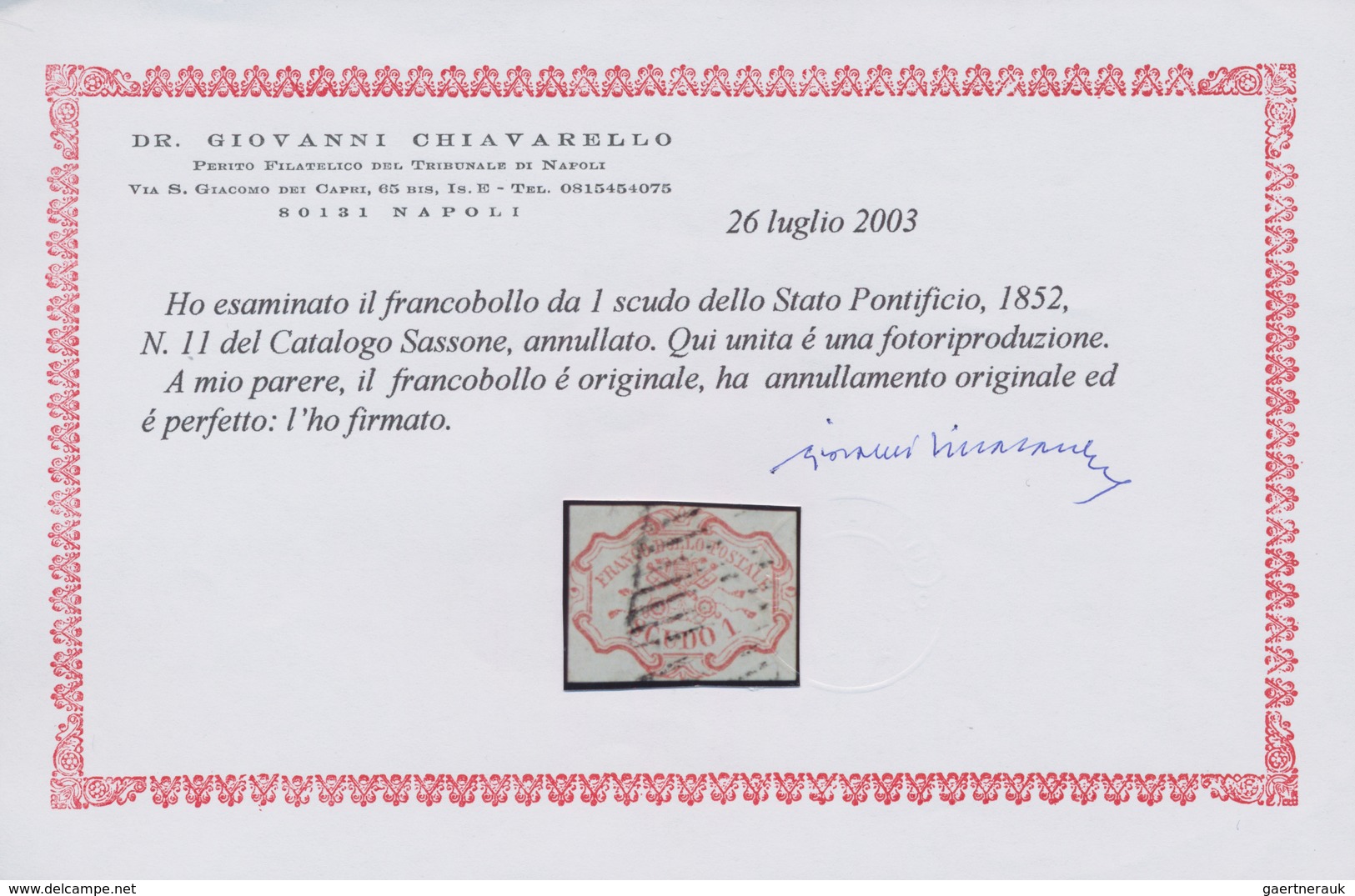 Italien - Altitalienische Staaten: Kirchenstaat: 1852, 1 Scudo Carmine Rose, Narrow Margins All Arou - Papal States