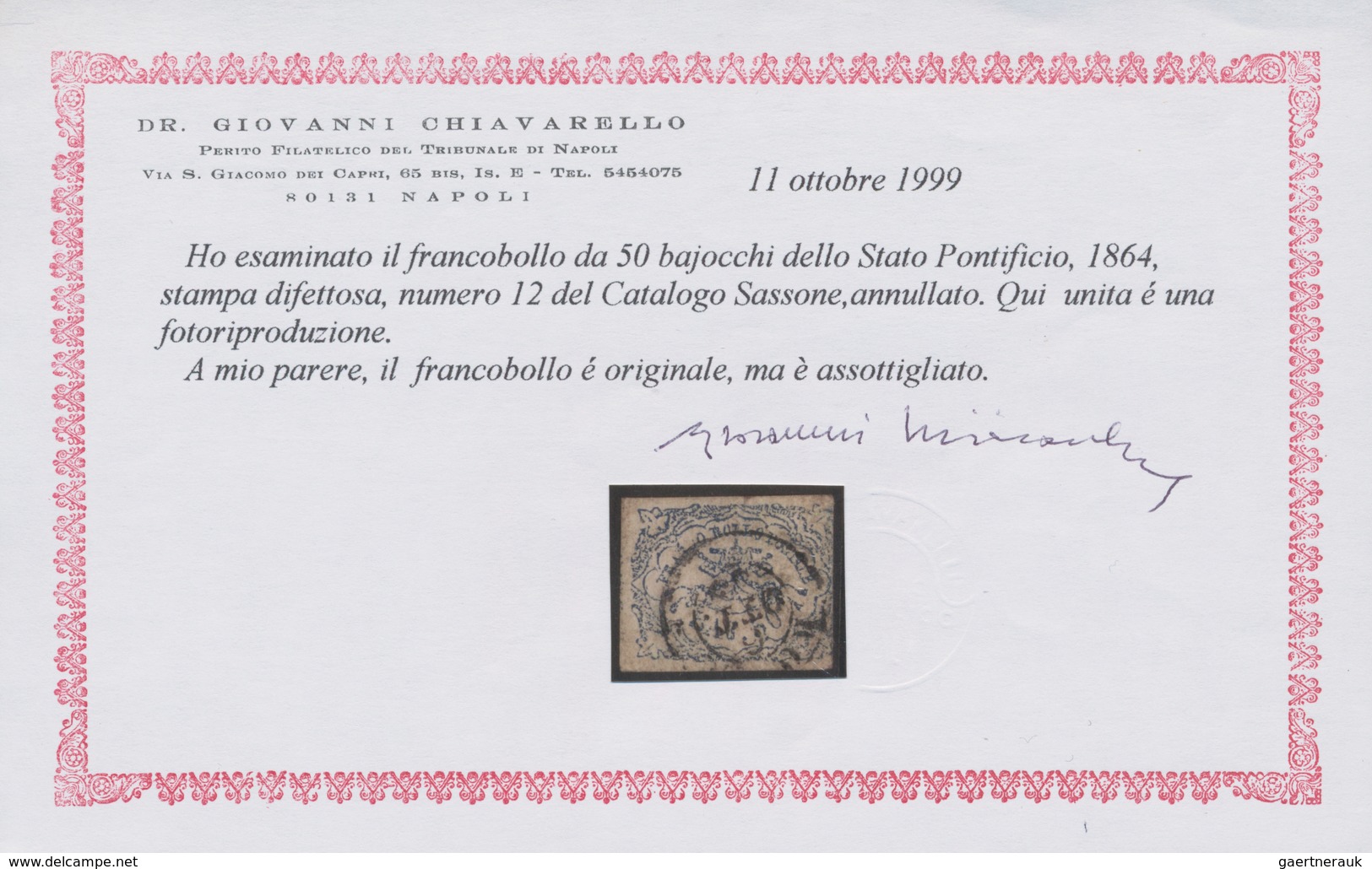 Italien - Altitalienische Staaten: Kirchenstaat: 1864. 50 Baj Dark Blue, "defective Print",cancelled - Kirchenstaaten