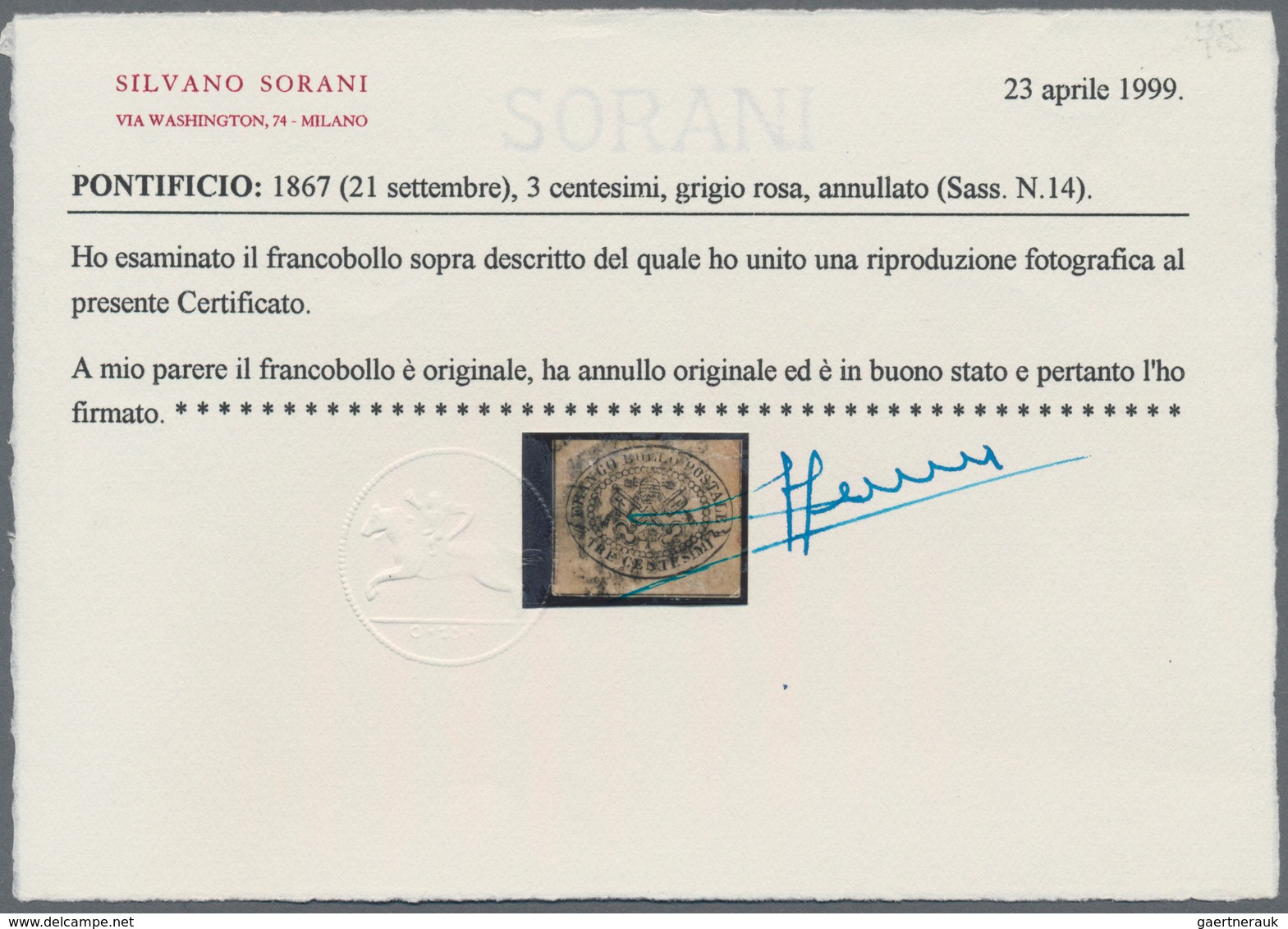 Italien - Altitalienische Staaten: Kirchenstaat: 1867, 3 C Black On Redish-gray Cancelled With Dot S - Kerkelijke Staten