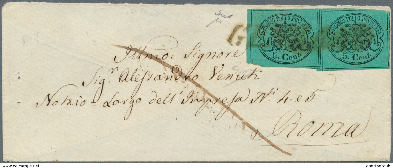 Italien - Altitalienische Staaten: Kirchenstaat: 1867, 5 C Black On Bluish Green, Horizontal Pair, T - Kirchenstaaten