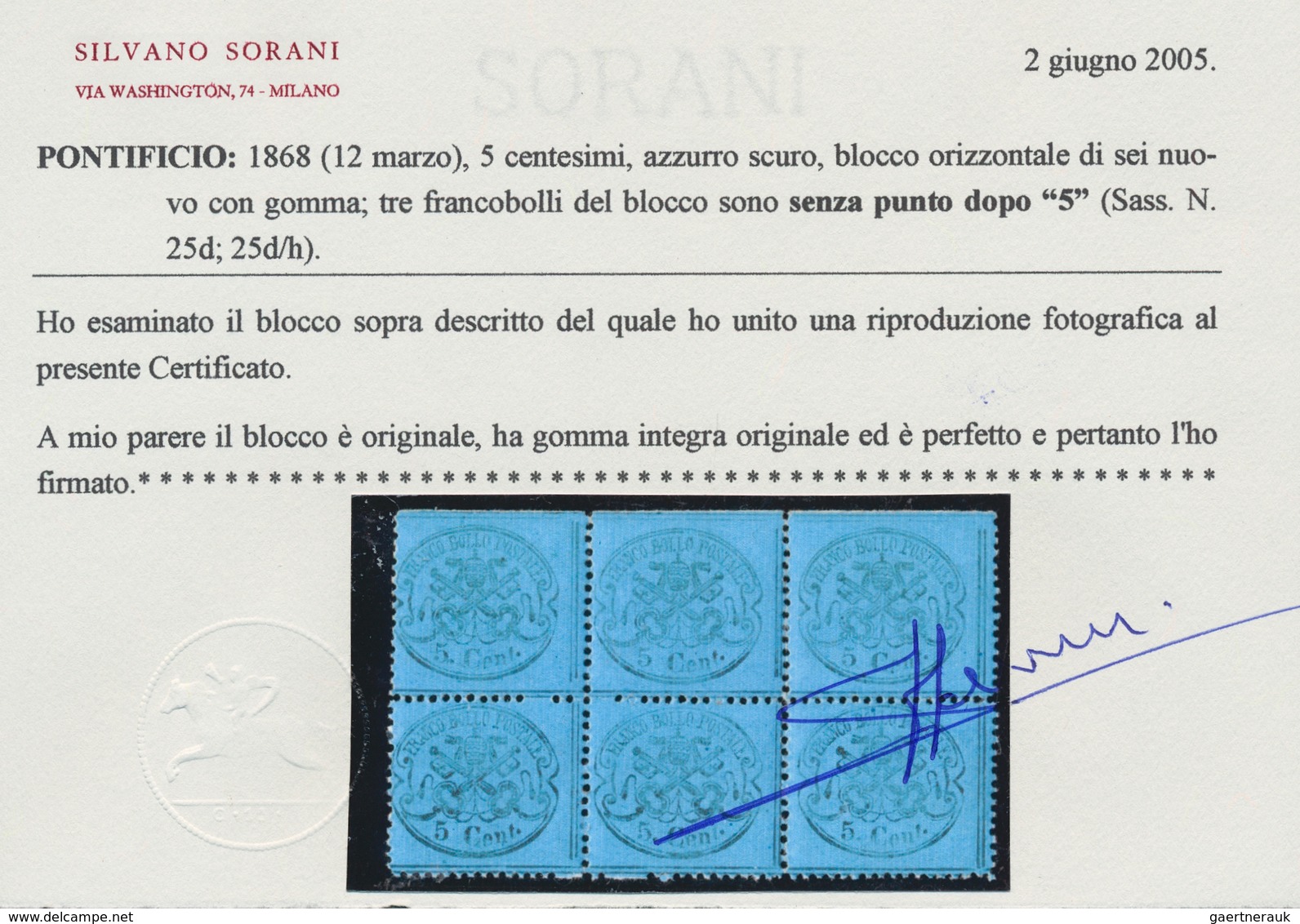 Italien - Altitalienische Staaten: Kirchenstaat: 1868, 5 Cent. Azzurro Scuro, 5c. Greenish Blue Unmo - Etats Pontificaux