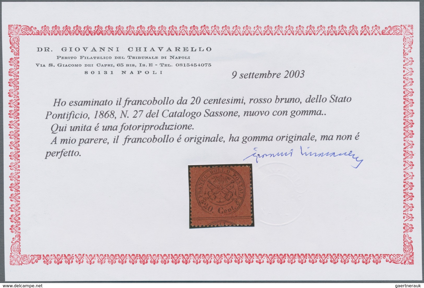 Italien - Altitalienische Staaten: Kirchenstaat: 1868, 20 Cent. Black On Red-brown Unused With Origi - Etats Pontificaux
