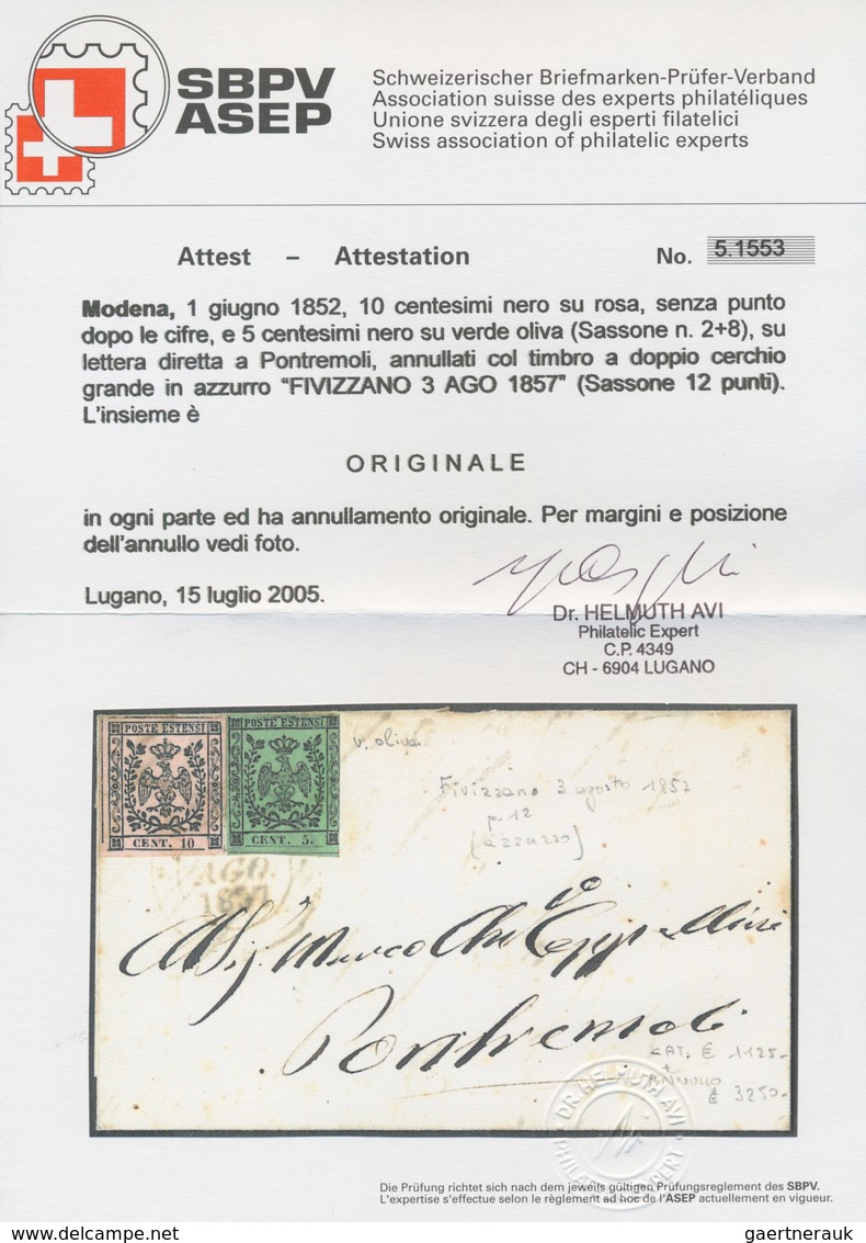 Italien - Altitalienische Staaten: Modena: 1852, 5 Ct Black On Olive Green, Even To Full Margins, An - Modena