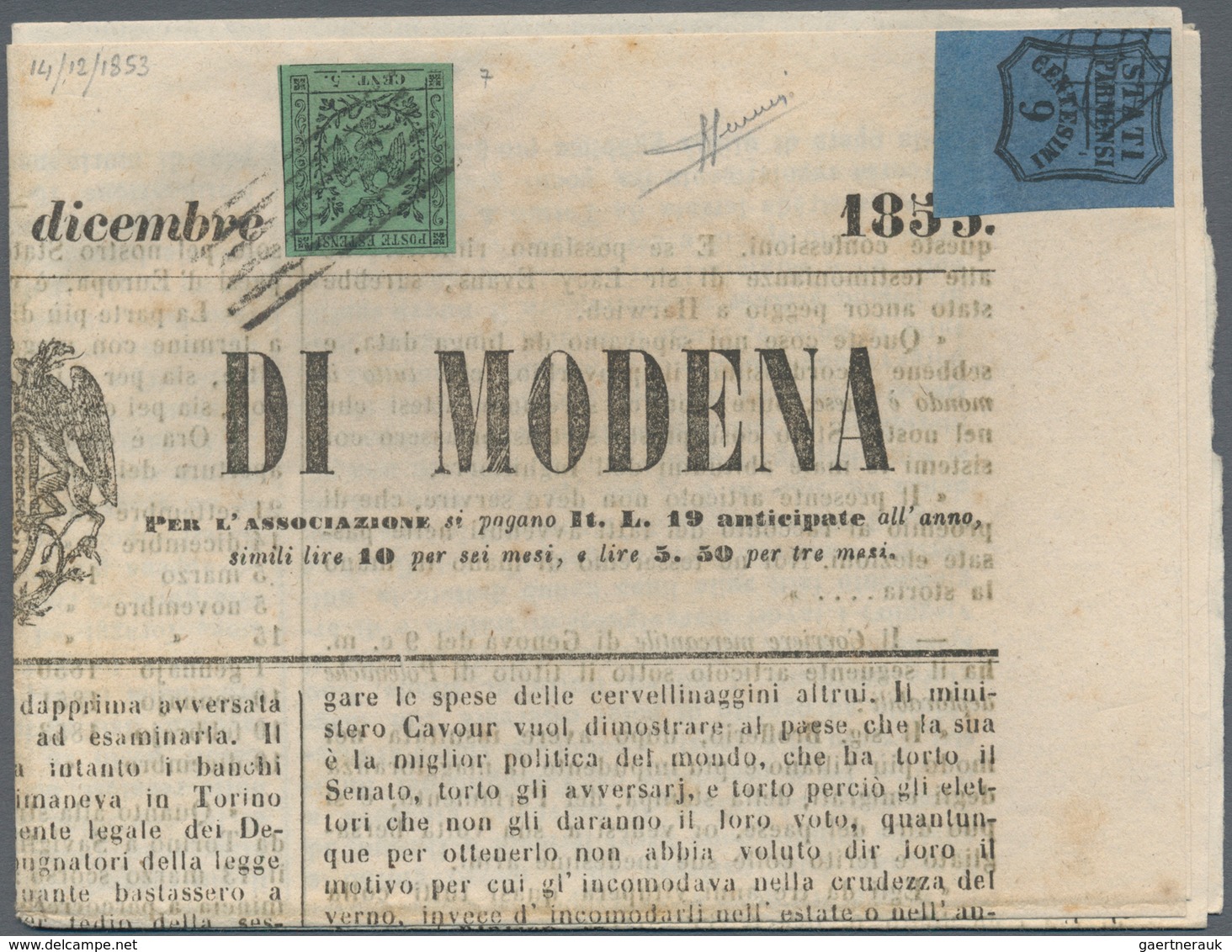 Italien - Altitalienische Staaten: Modena: 1852/1853 : Combination Franking MODENA/PARMA. Modena 185 - Modena