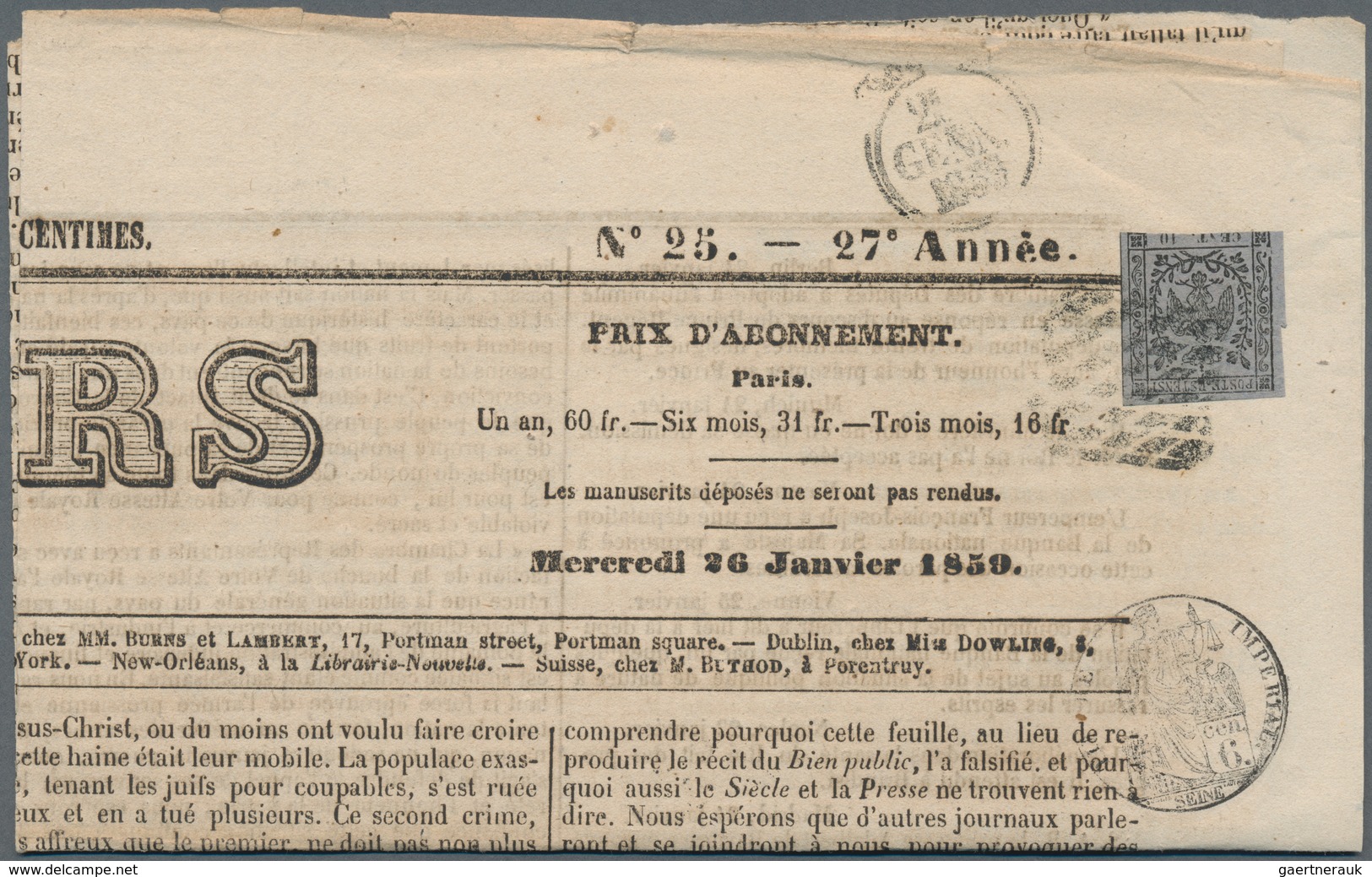 Italien - Altitalienische Staaten: Modena - Zeitungsstempelmarken: 1857, 10 C Black On Dark-lilac Pa - Modène